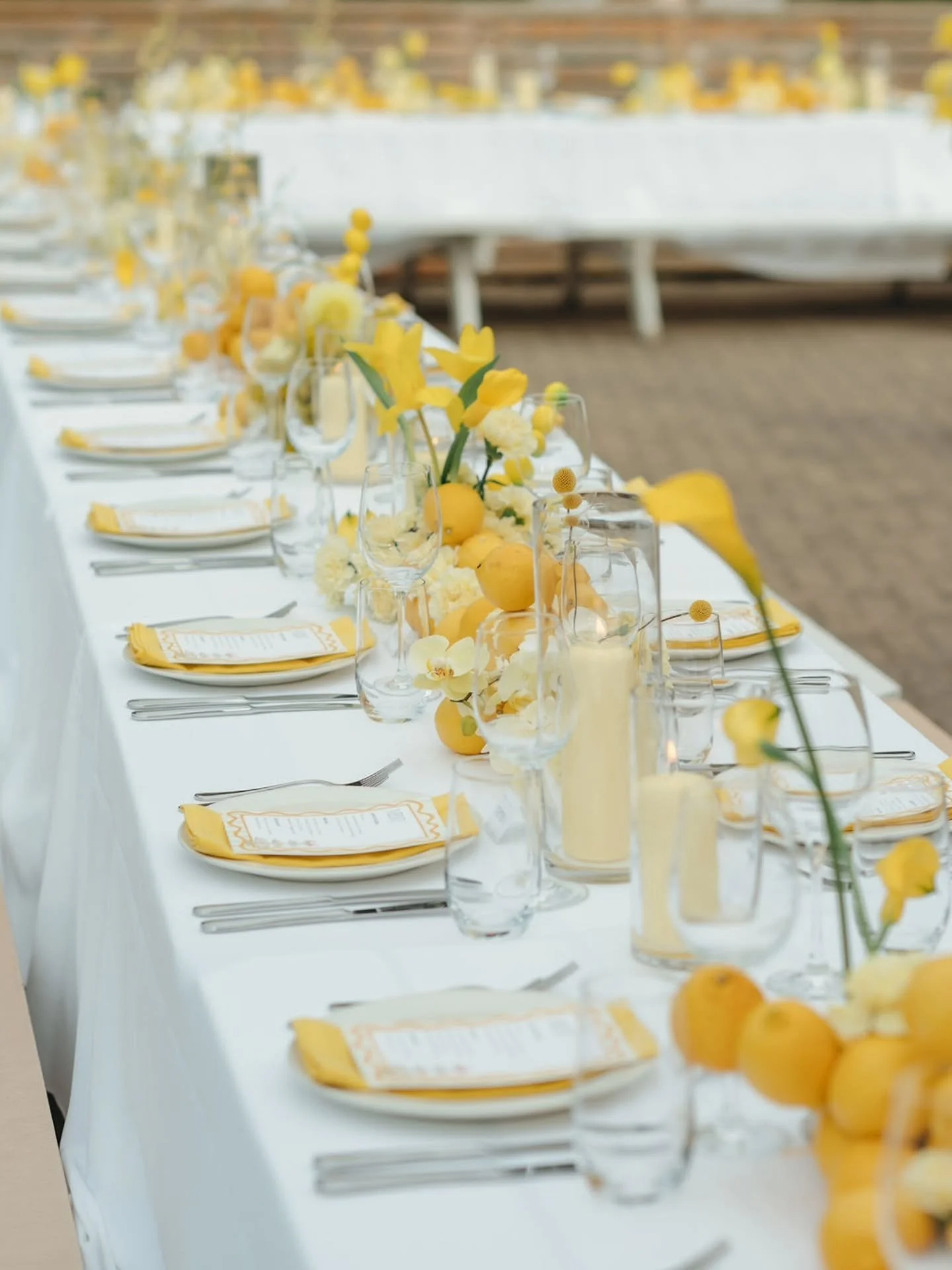 Yellow, lemons, and 70s-inspired details. What more could you want for a chic outdoor dinner reception?

Bride and Groom @briony @stephenjames.jpg 
Wedding Coordination @madbashgrp 
Florals @blushandbloom 
Venue @heydaysrestaurant
Photography @bystep