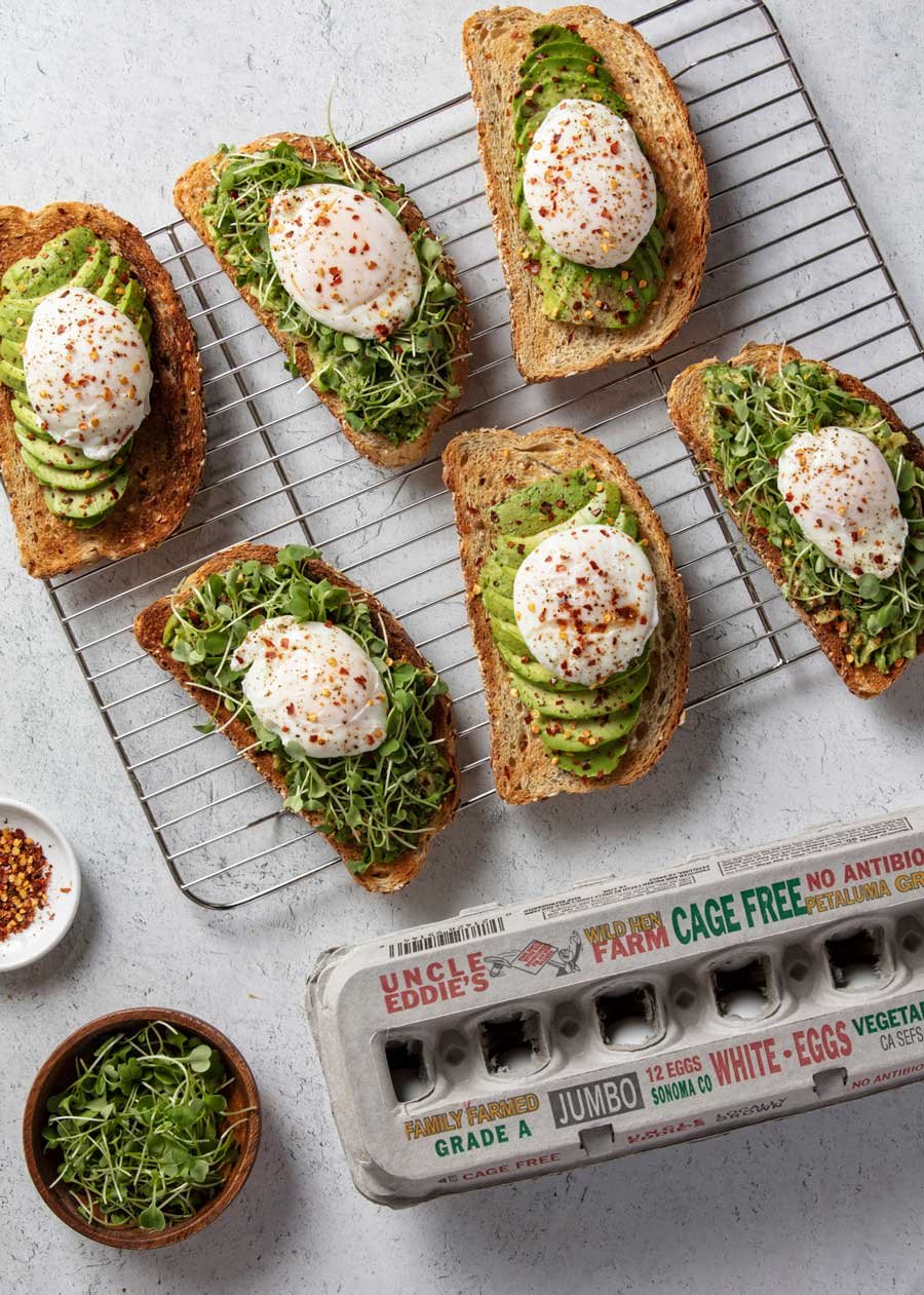 Petaluma Egg Farm Uncle Eddies eggs atop avocado toast.