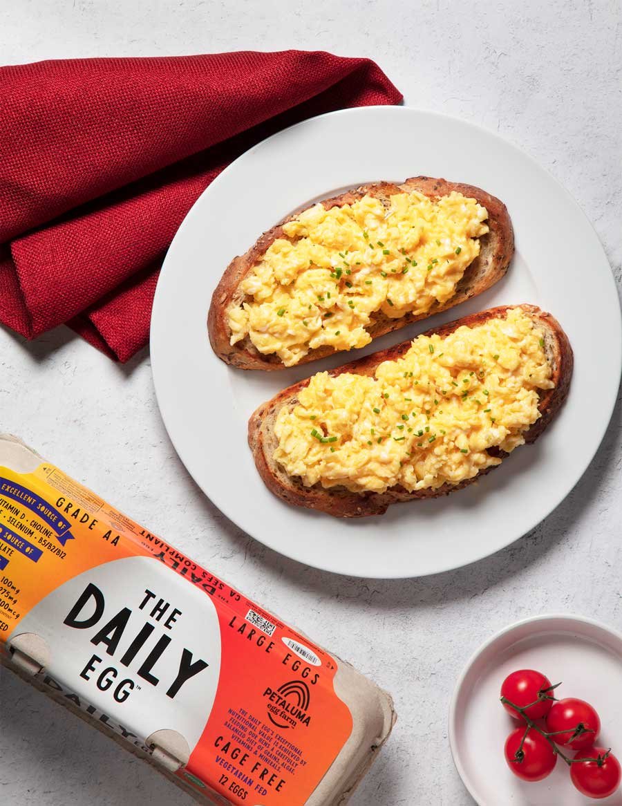 Scrabbled egg toast using Petaluma Egg Farm's "Daily Egg" eggs.