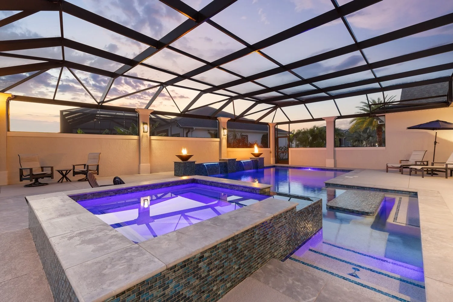 Twilight image of a modern pool in The Villages, Florida