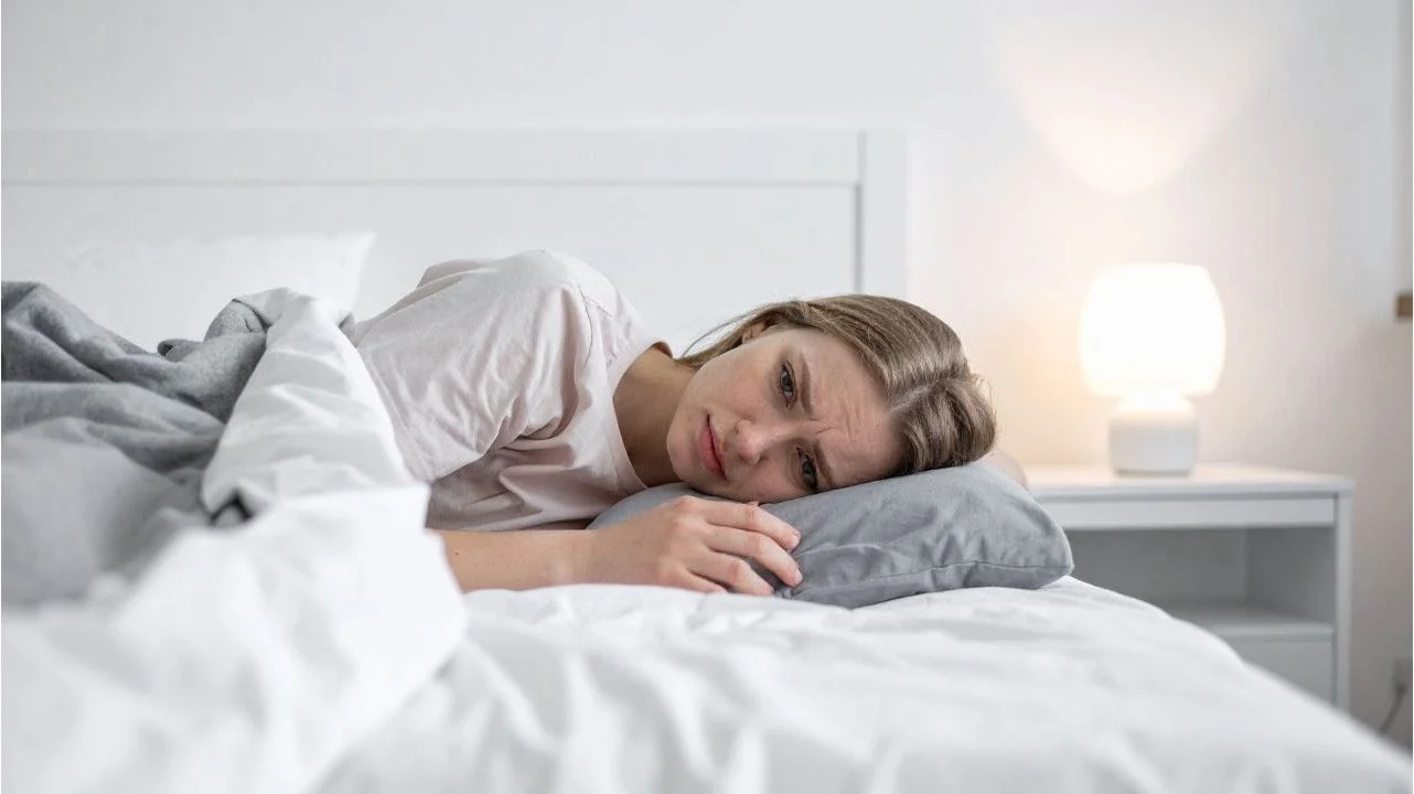 woman lying awake in bed