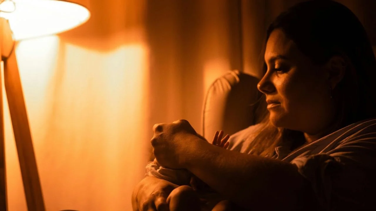 mom holding baby in rocking chair next to lamp at night