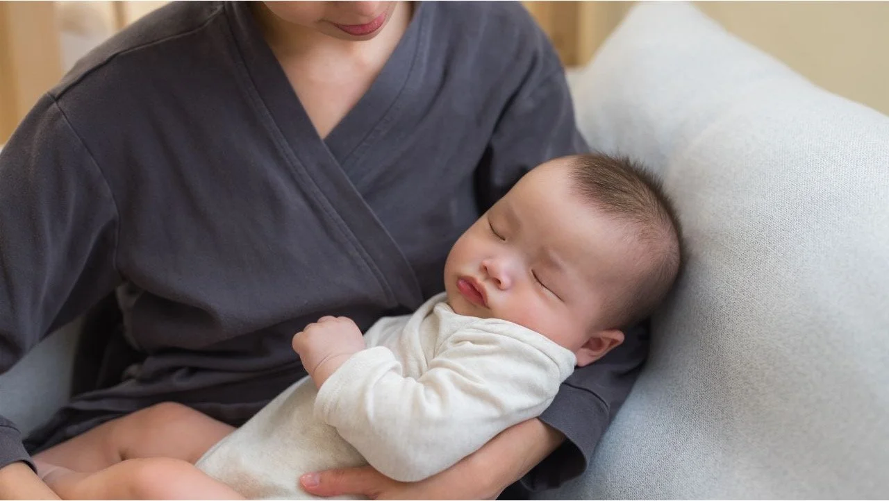 woman holding sleeping baby