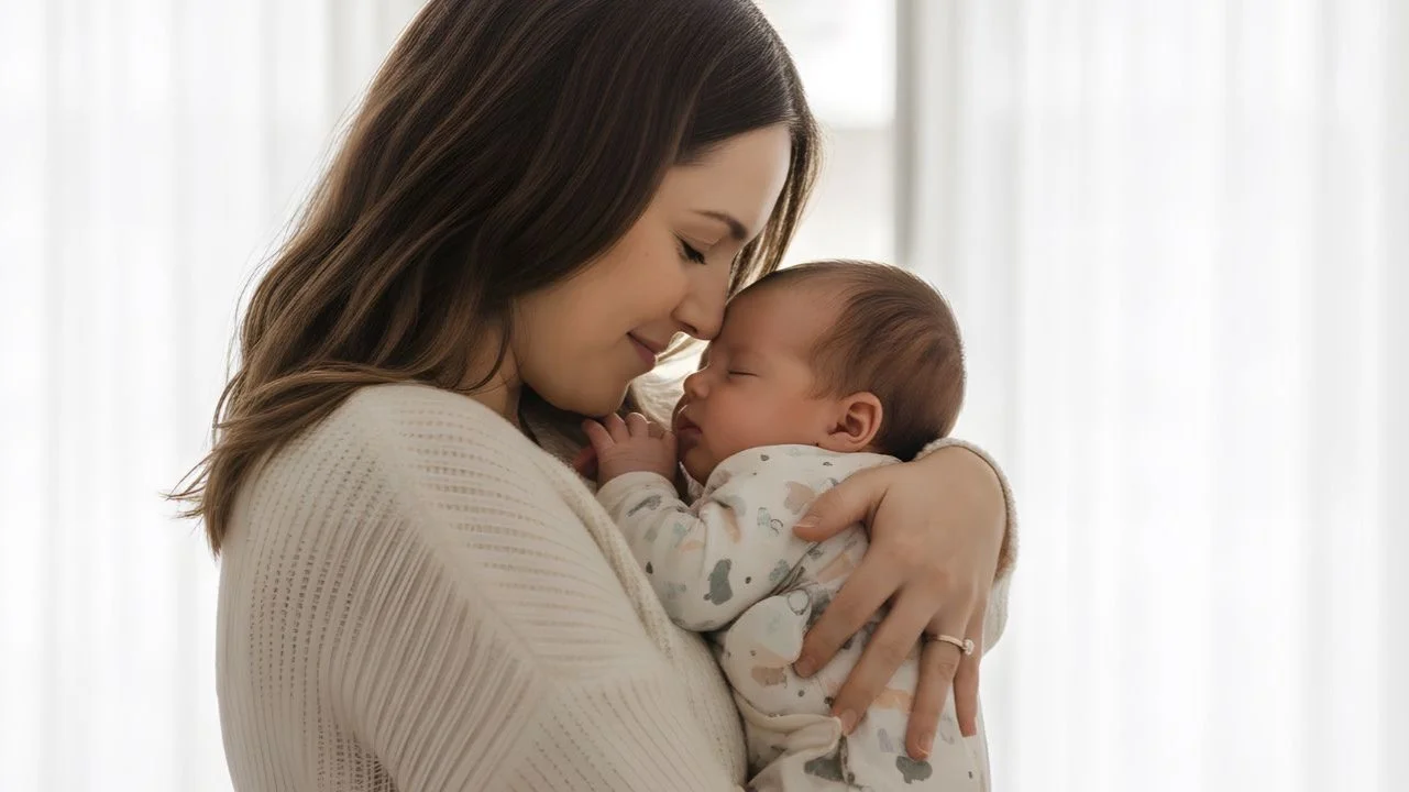 woman holding newborn baby with nose to forehead