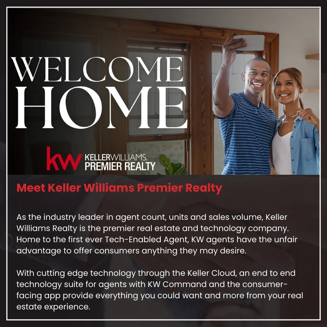 Promotional image for Keller Williams Premier Realty with text ‘Welcome Home’ and smiling couple taking a selfie, highlighting KW’s leadership in agent count, sales volume, and tech-enabled services