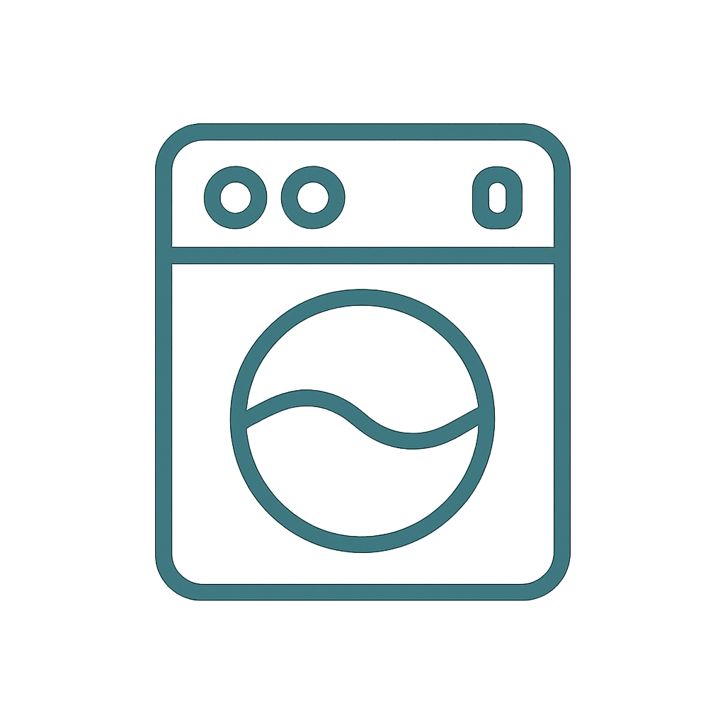 Outlined icon of a front-loading washing machine with control knobs and a circular door featuring a wave-like design inside.