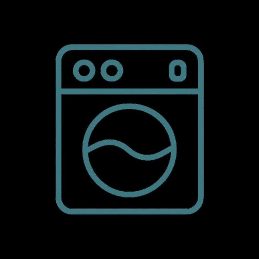 Simple laundry machine icon in blue outline on a black background, featuring a minimalist washing machine design.