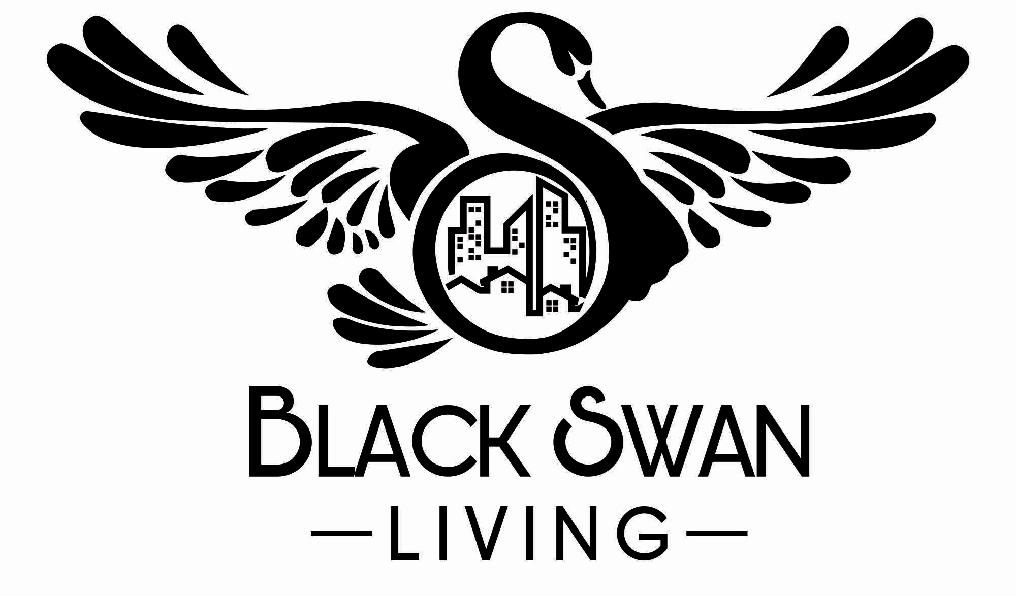 Logo for Black Swan Living, showing a black swan with outstretched wings, a circle with a cityscape inside, and the text "Black Swan Living" below.