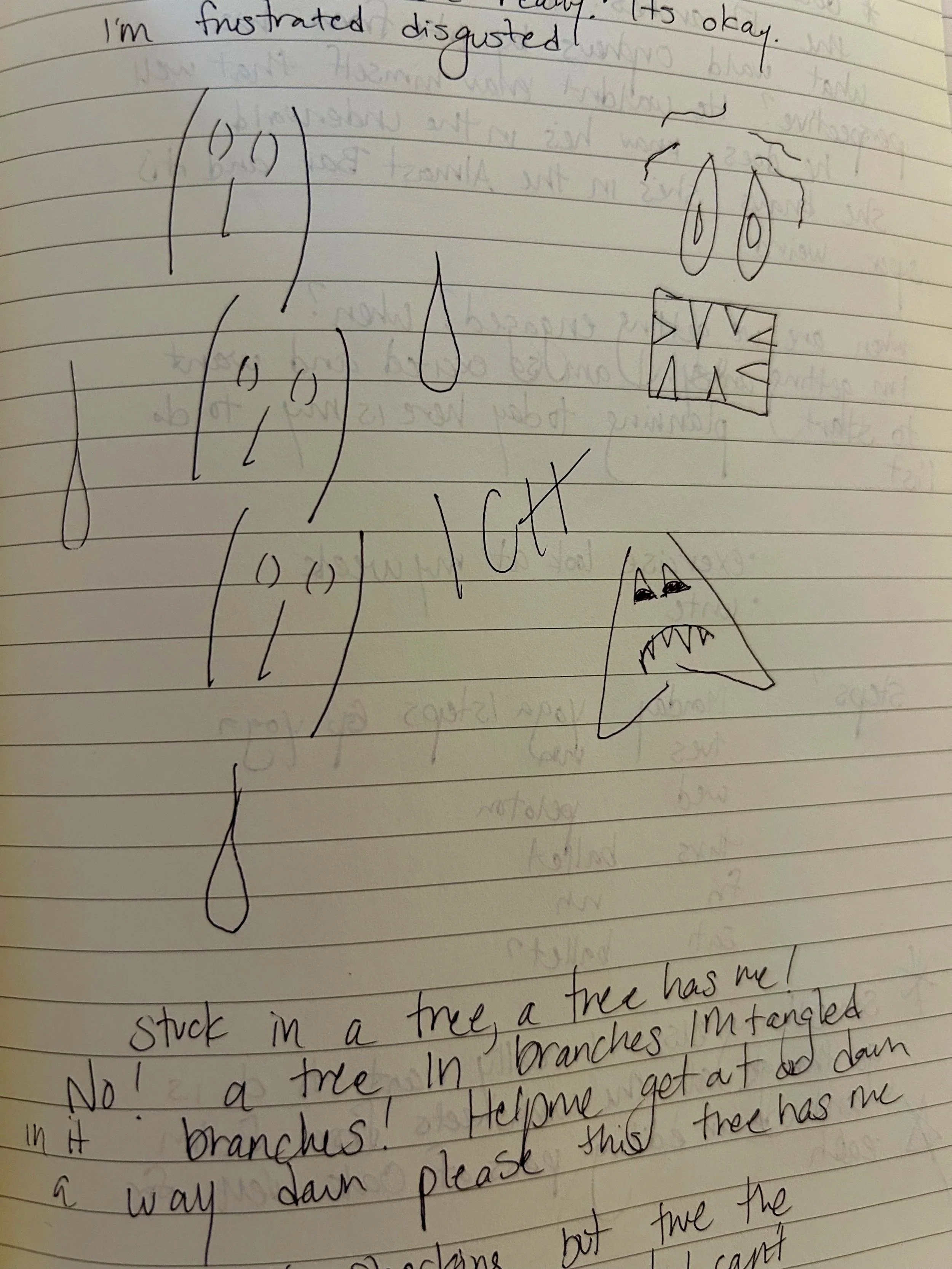 Pen sketch of abstract faces surrounded by large liquid drops. A triangle face with fangs and an empty face with a square mouth. 