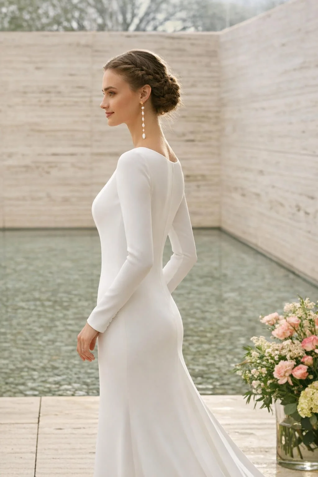 Bride standing near pool and wall in the background as she wears Rosa Clara Couture Dylan Long sleeve Crepe column wedding dress with boat neckline and Low V back Ashley and Alexandria's Bridal Boutique Michigan