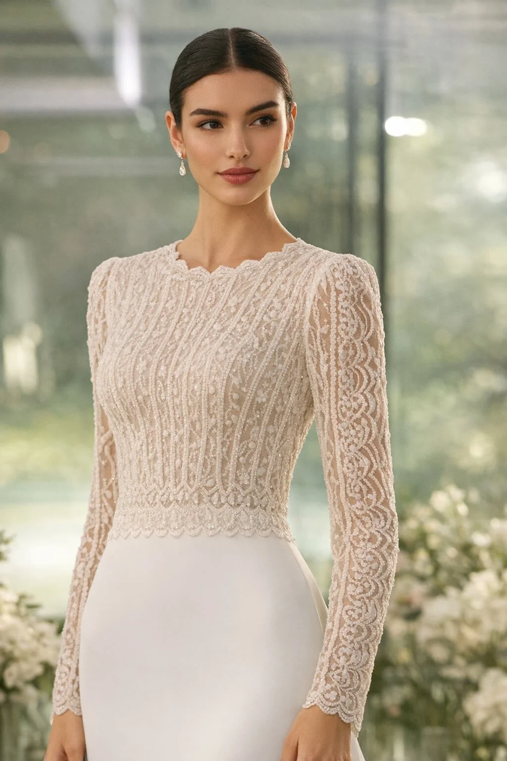 Bride near flower garden nearby wearing a Rosa Clara Couture A-Line lace Beaded and Crepe wedding dress V-Neck back and lace sleeves Ashley and Alexandrias Bridal Atelier Southfield, Michigan