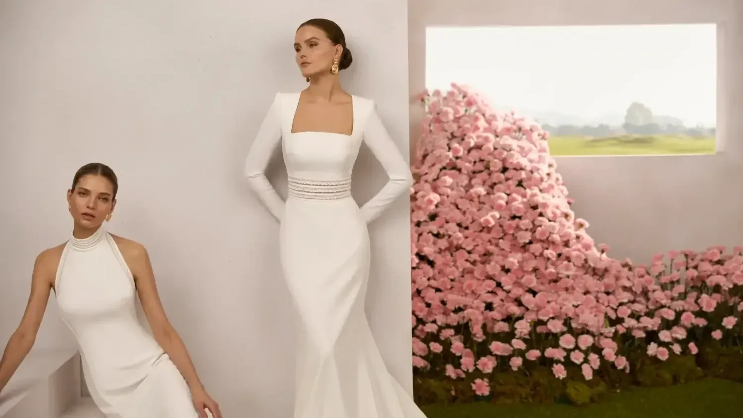 Rosa Clara Couture Wedding Dresses  featuring brides in luxury crepe gowns near archway Ashley and Alexandrias Detroit Michigan