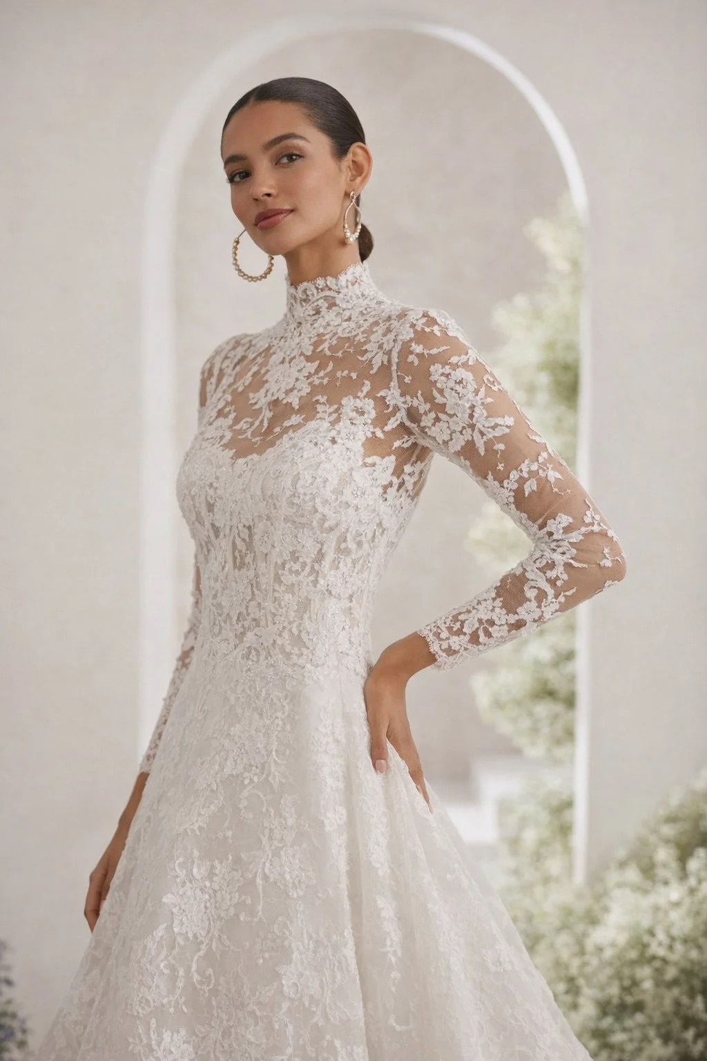 Bride in Archway surrounded by flowers in Rosa Clara Couture lace A-Line Wedding dress at Ashley and Alexandrias Bridal Atelier Detroit Michigan
