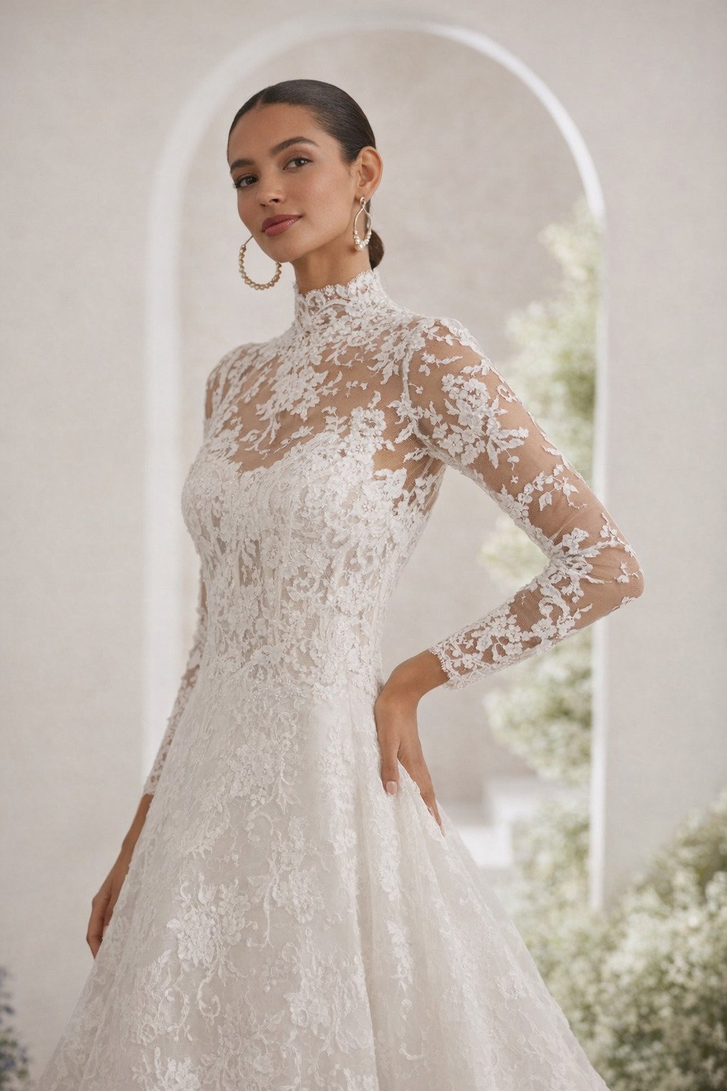 Bride with hand on hip in Turin lace A-line-Wedding dress with high collar lace jacket in front of Archway Ashley and Alexandrias Bridal Atelier and Boutique Southfield Michigan