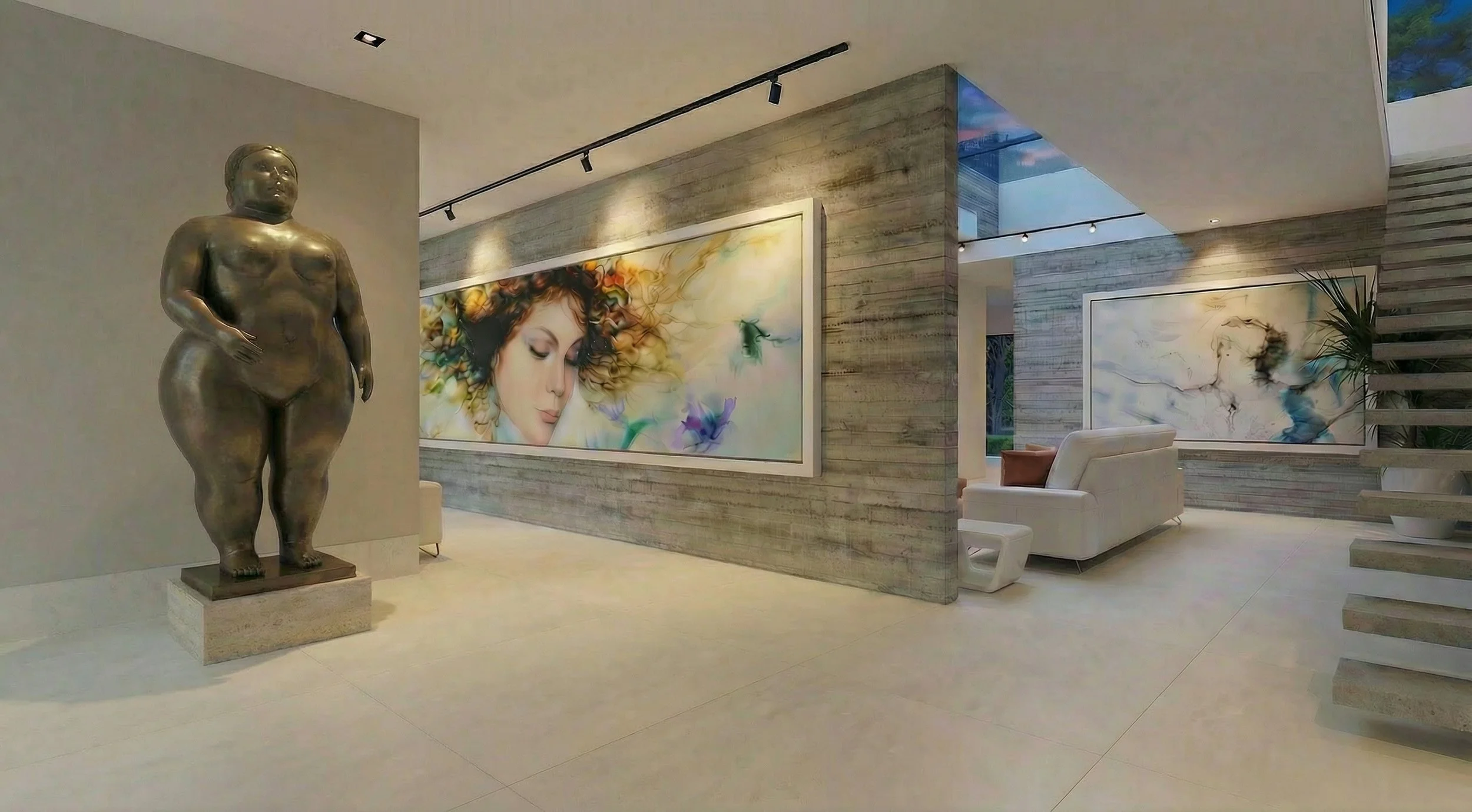 Interior finishes remain restrained, allowing the architecture itself—light, proportion, and material—to define the atmosphere. Artwork and furnishings are used sparingly, acting as focal points against the neutral concrete backdrop.