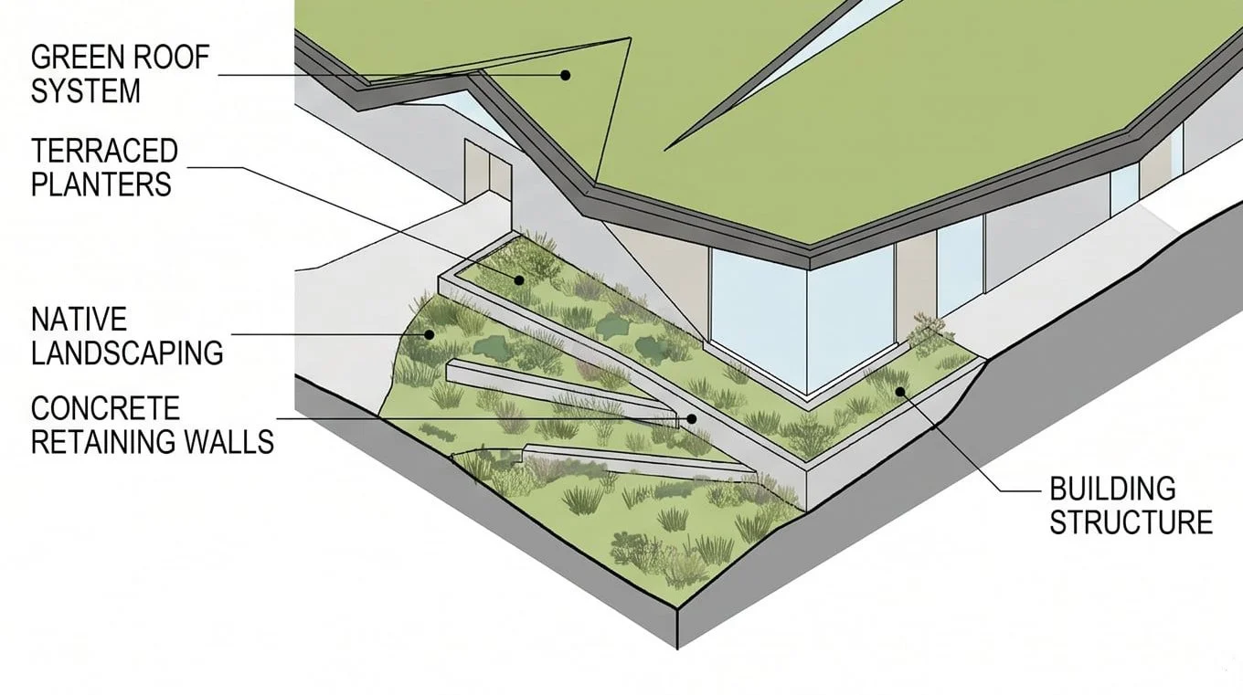 The expressive roof geometry gives the project a strong civic identity while simultaneously responding to environmental performance.