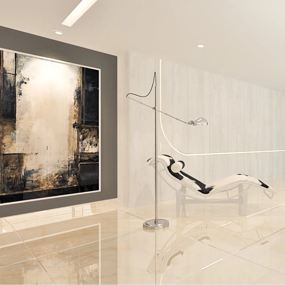 Contemporary residence, centering around an open-concept living area. Custom furniture designed by our team for the living, dining, and kitchen spaces.