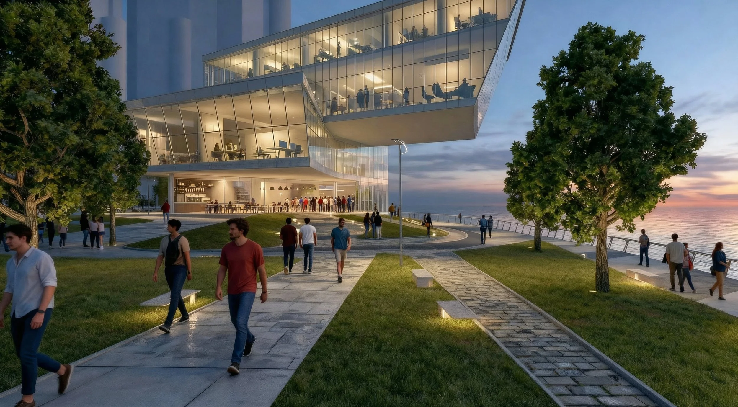 A sculptural, cantilevered building anchors the master plan, acting as both a civic landmark and a social condenser. Elevated volumes create shaded public space at ground level while opening uninterrupted river views from above.