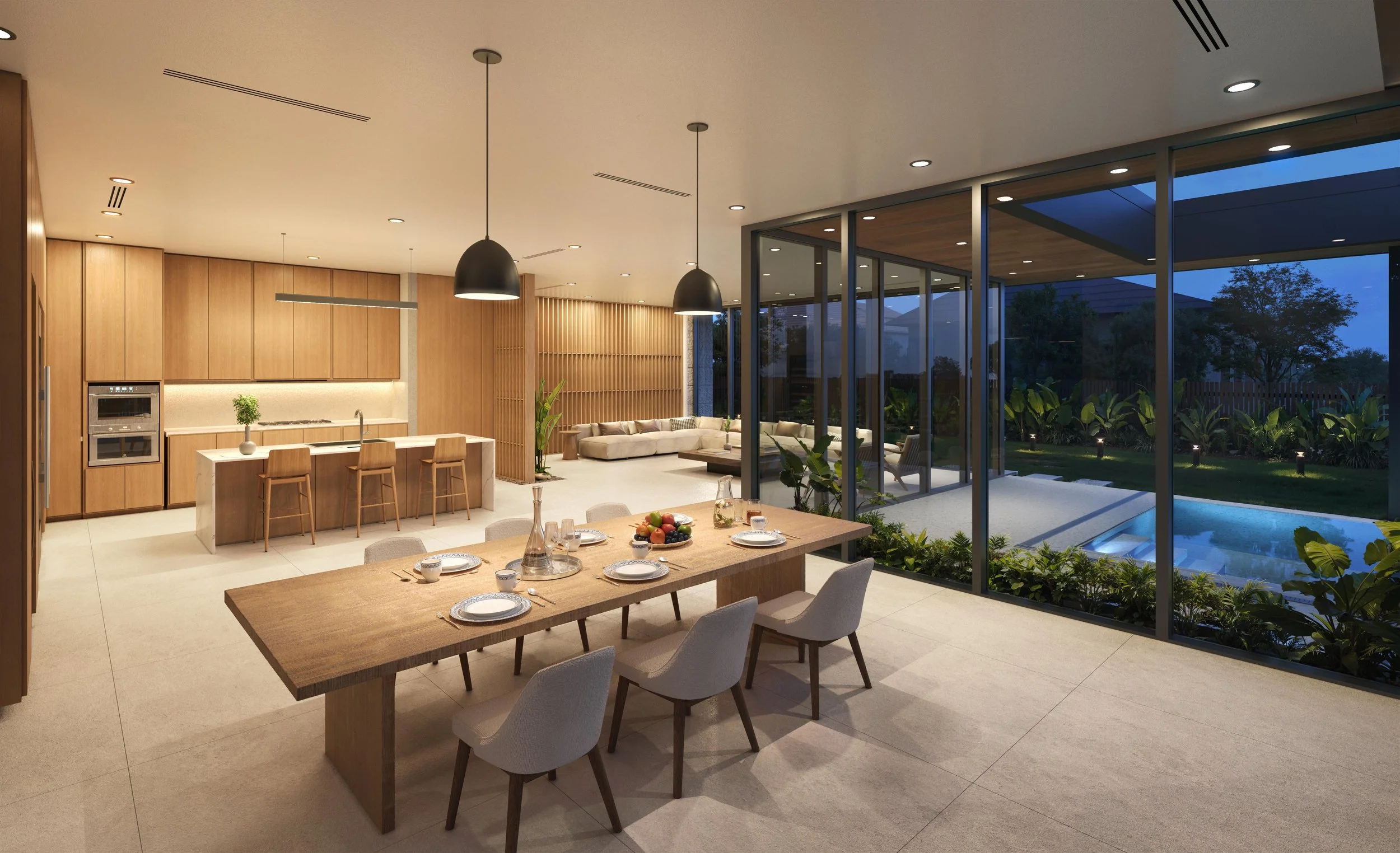 Open-plan living space in Villa Serena luxury home in Miami with floor-to-ceiling glazing and seamless indoor–outdoor connection.
