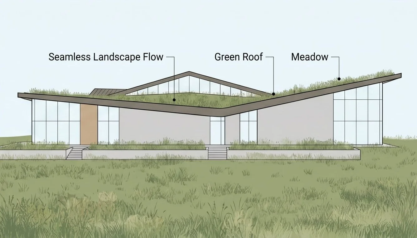 The building’s sloped vegetated roofs reduce visual impact, improve thermal performance, and reconnect the structure to the surrounding ecosystem, allowing the landscape to flow continuously across and around the architecture.