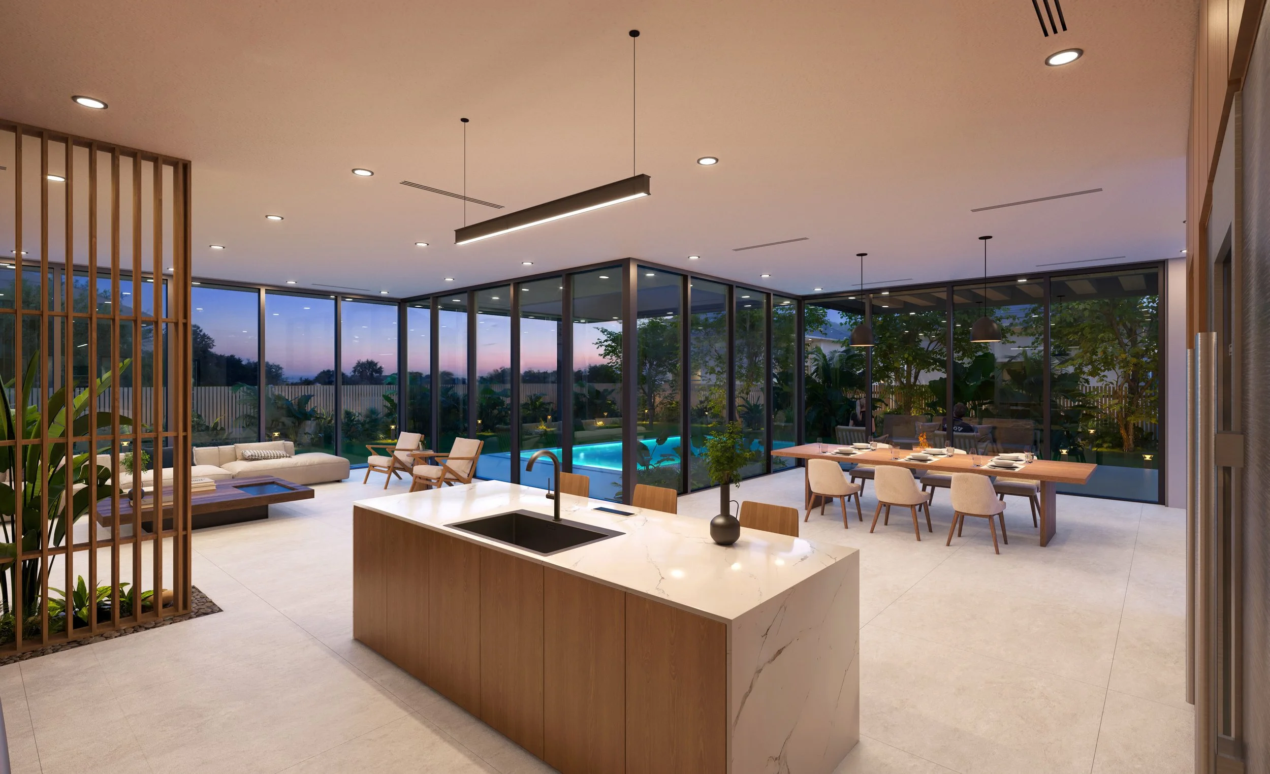 Modern kitchen and dining area in Villa Serena, a high-end residential project in Brickell Miami designed for indoor–outdoor living.