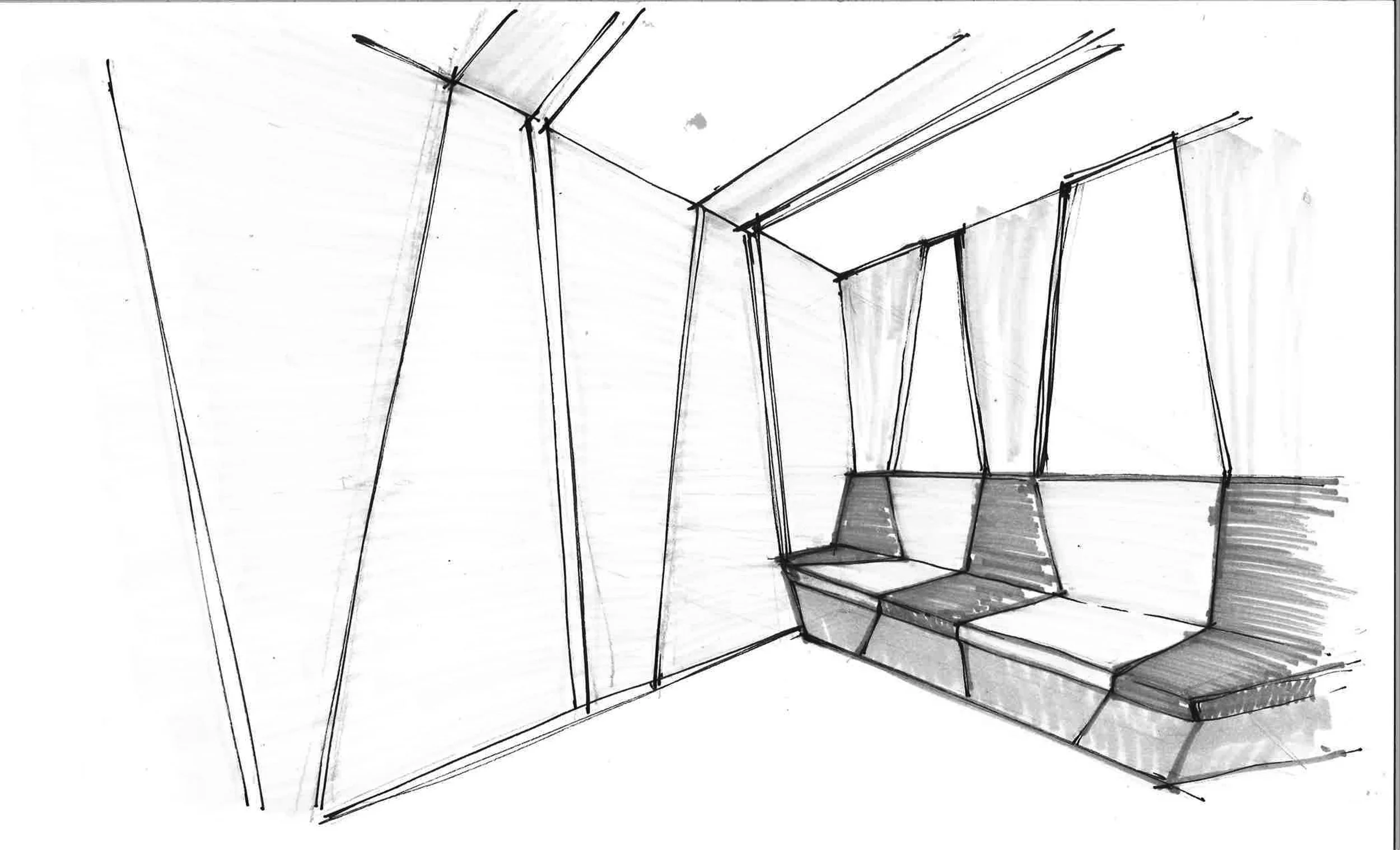 Straight architectural lines and carefully placed accent lighting are used to unify irregular geometries, seamlessly connecting ceilings, walls, and custom furniture into a coherent design narrative.