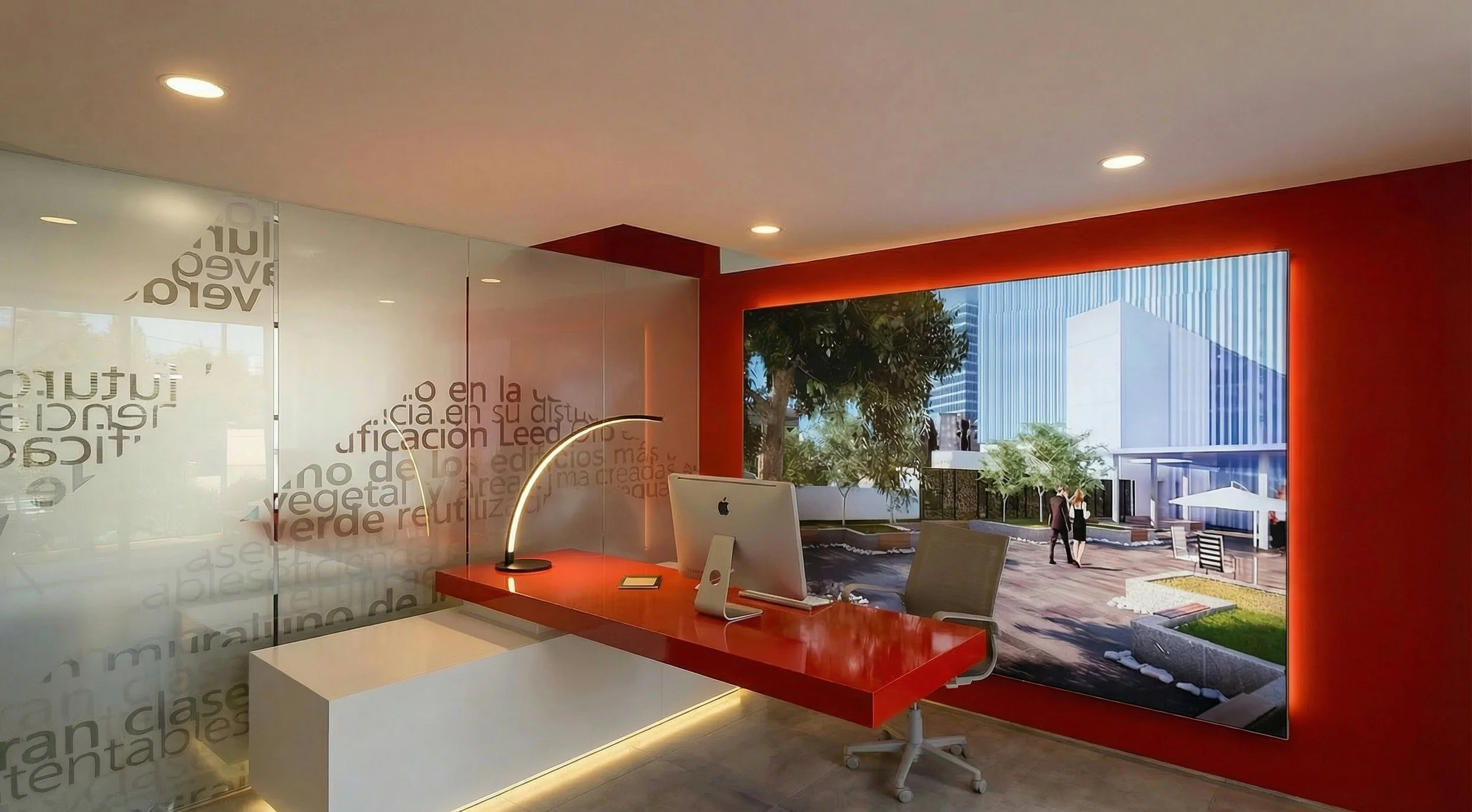 The main office areas are designed for productivity and collaboration, combining minimalist spatial planning with high-end custom furniture.