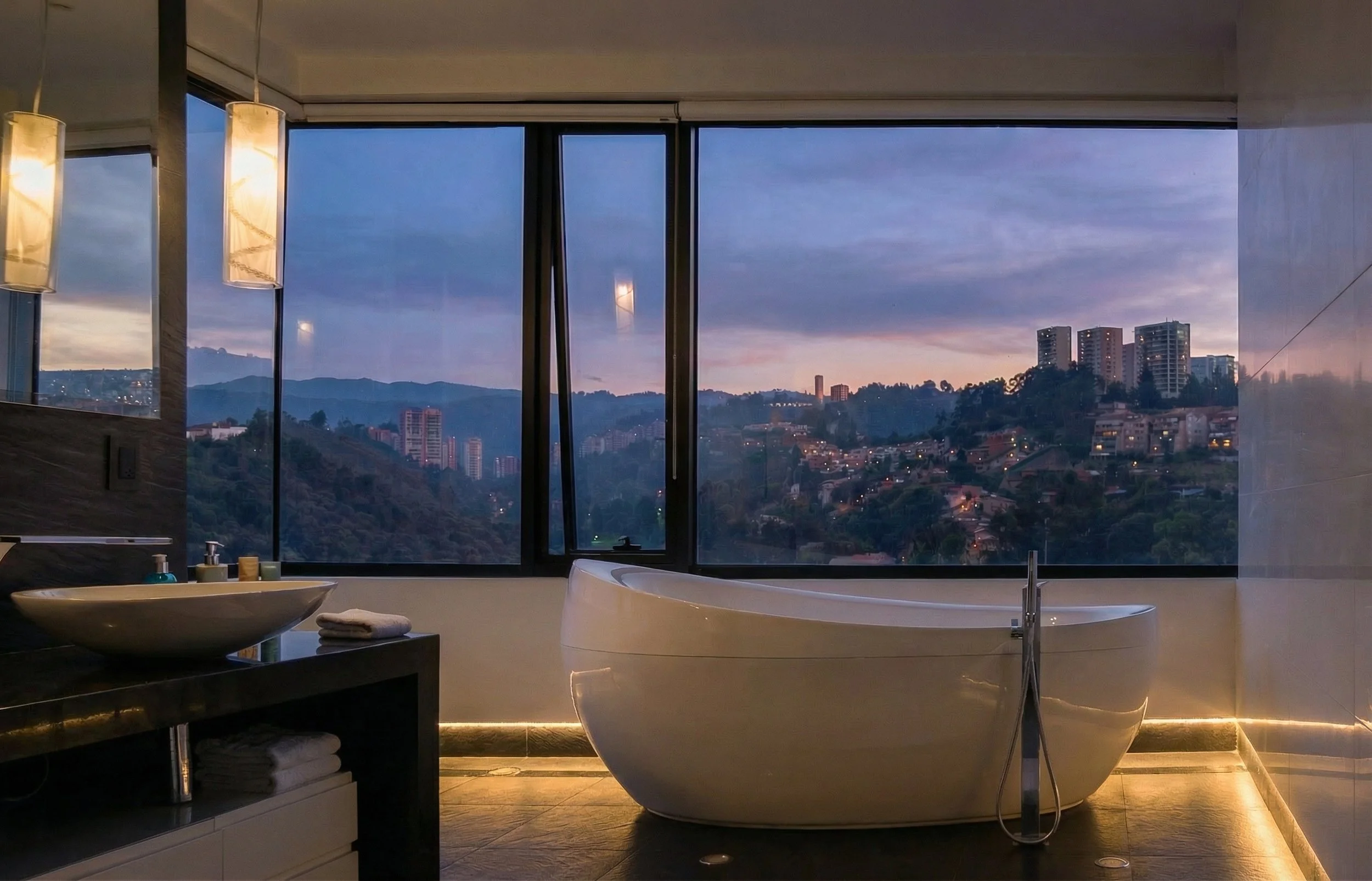 The master bathroom takes full advantage of the penthouse’s elevation and views.