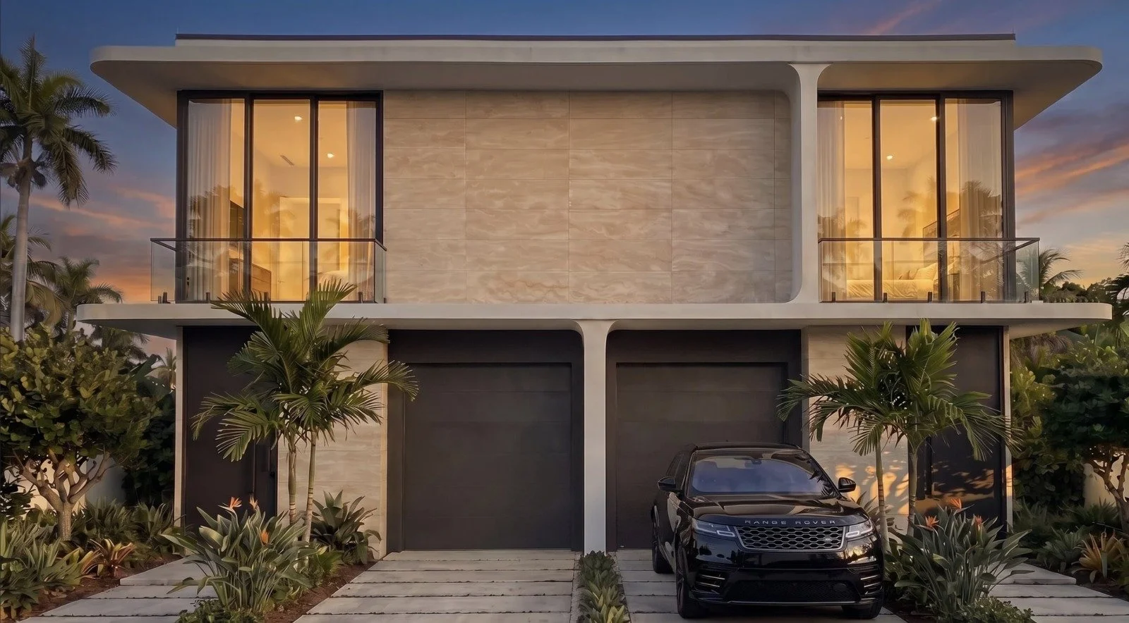 Legacy Duplex is a two-unit residence in Miami by Ginard Studio. One white frame holds both homes, each with its own entry, garage, terrace and pool.