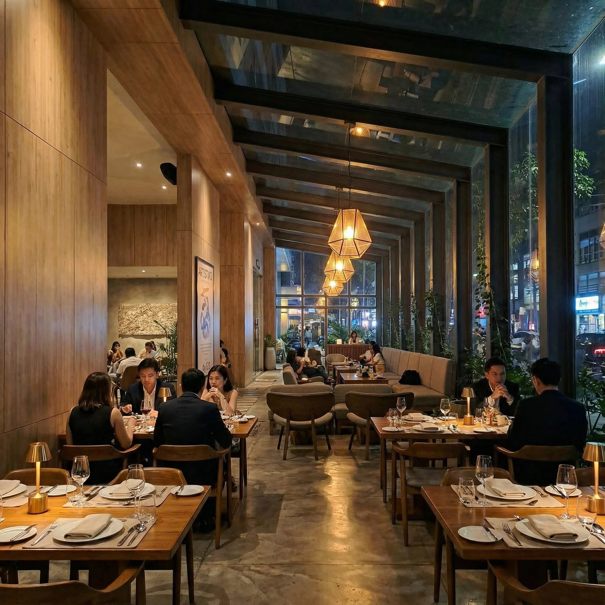 A defining element of the project is the covered terrace with a glass roof, designed to open views and allow daylight and sky conditions to become part of the dining experience.