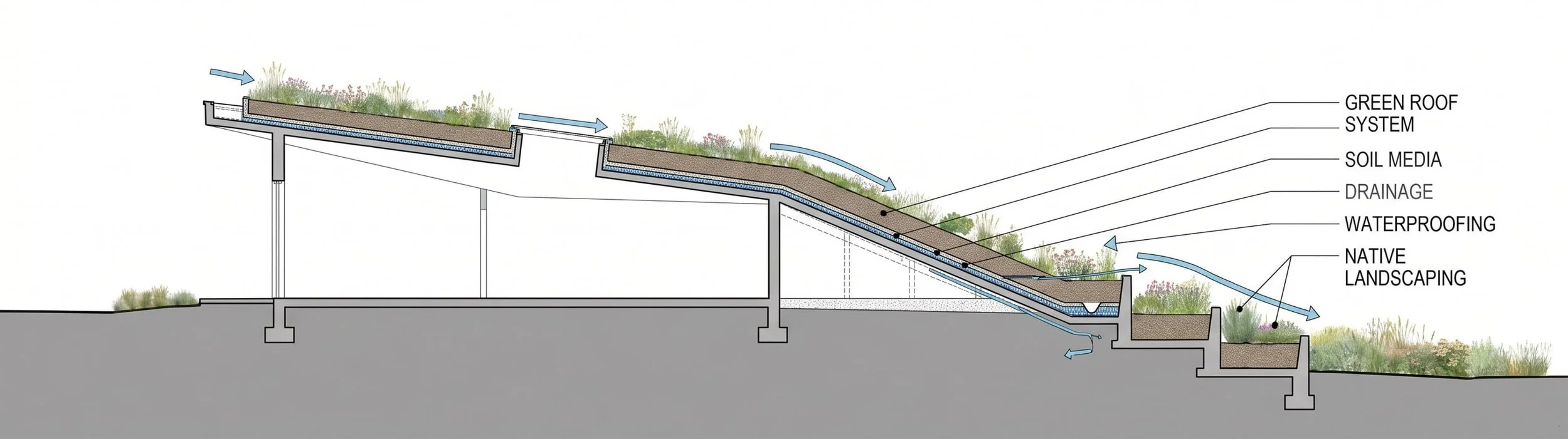 Rather than imposing a singular object onto the site, the building emerges from the topography through a series of folded green roofs, planted surfaces, and low horizontal forms that blur the boundary between constructed and natural environments.