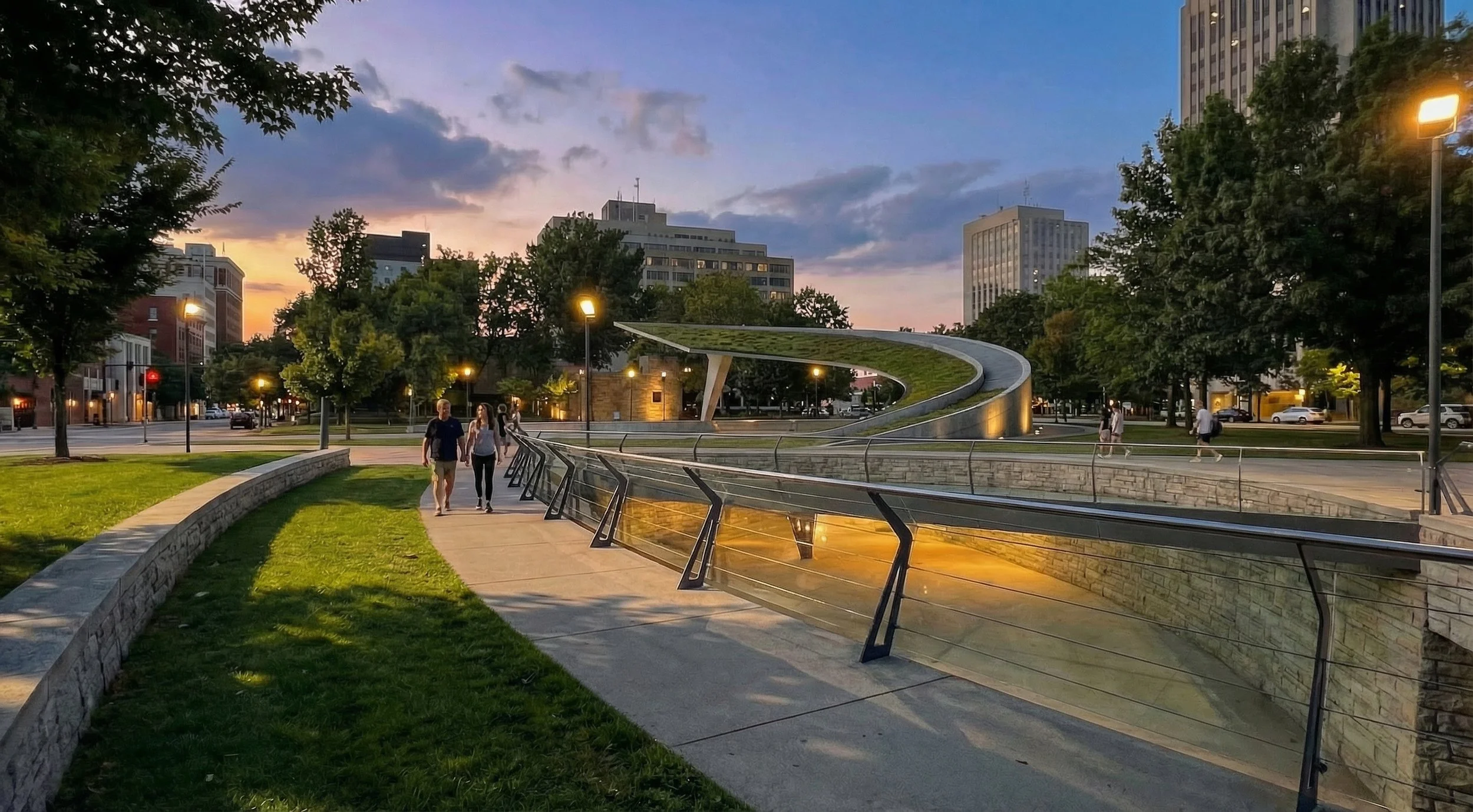The design anticipates year-round use, with protected walkways, layered landscaping, and adaptable public spaces supporting Detroit’s seasonal climate.