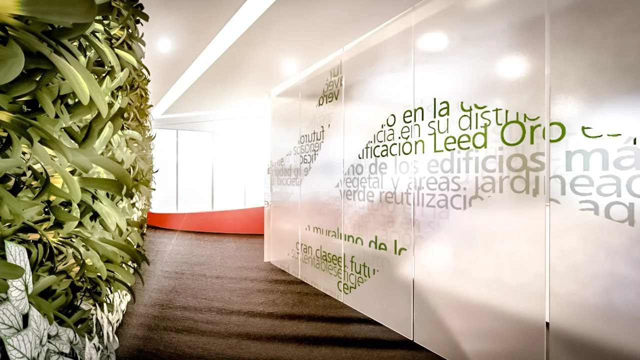 As you proceed through the hall, a lush green wall brings nature indoors, infusing the space with vitality and freshness.