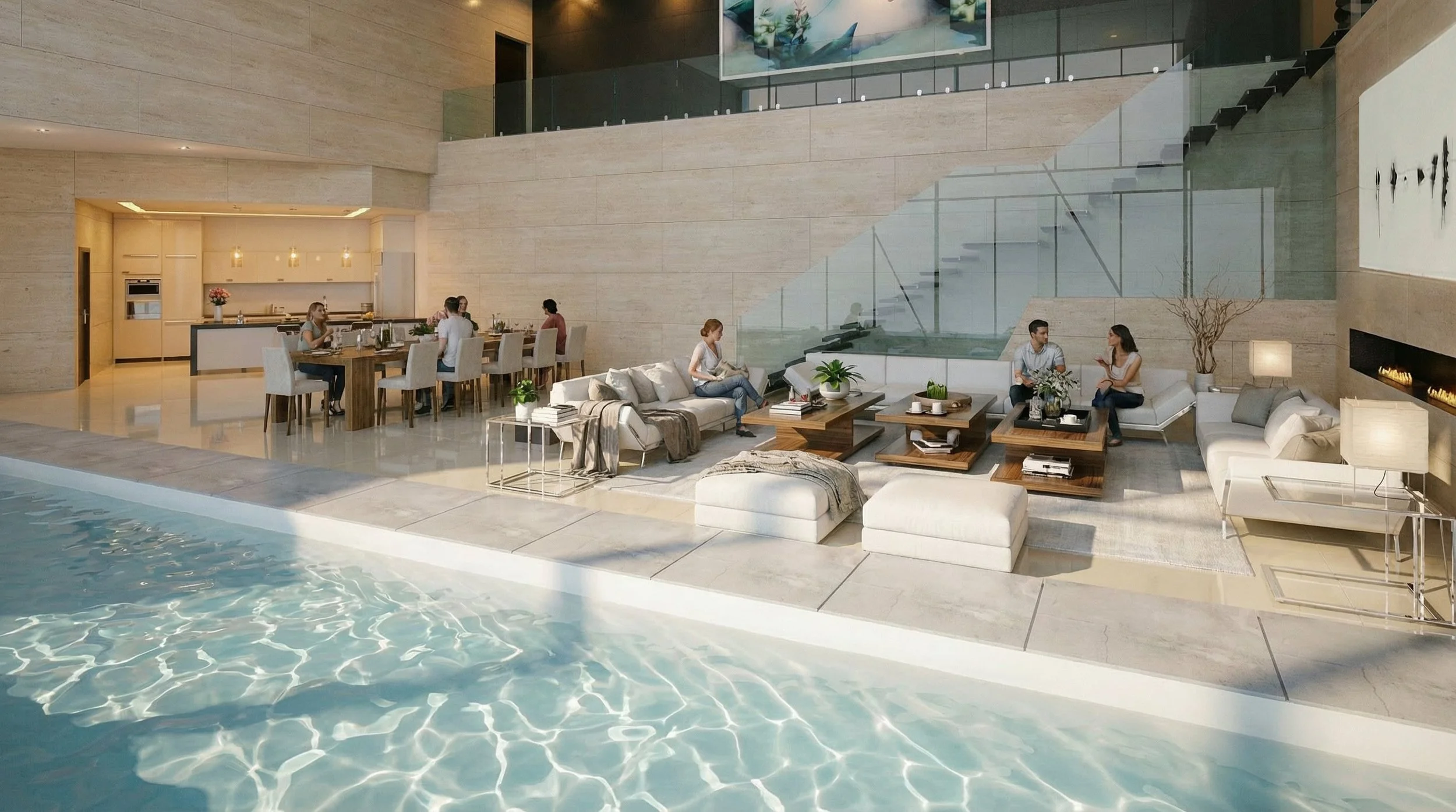 The indoor pool is conceived as an architectural feature rather than an isolated amenity. Positioned within the main living space, it introduces reflection, movement, and sensory depth, enhancing the home’s spatial quality.