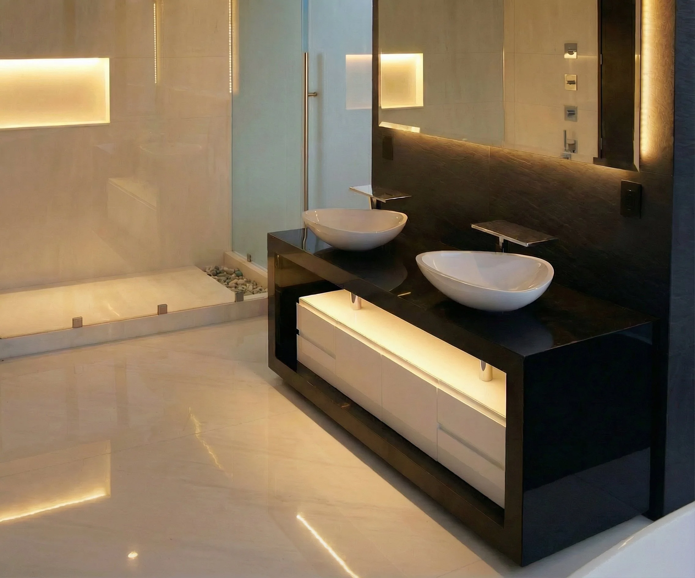 We designed and build the furniture of the master bathroom and included iconic bath products from the AXOR collection designed by Jean-Marie Massaud to give this bath a luxurious style.