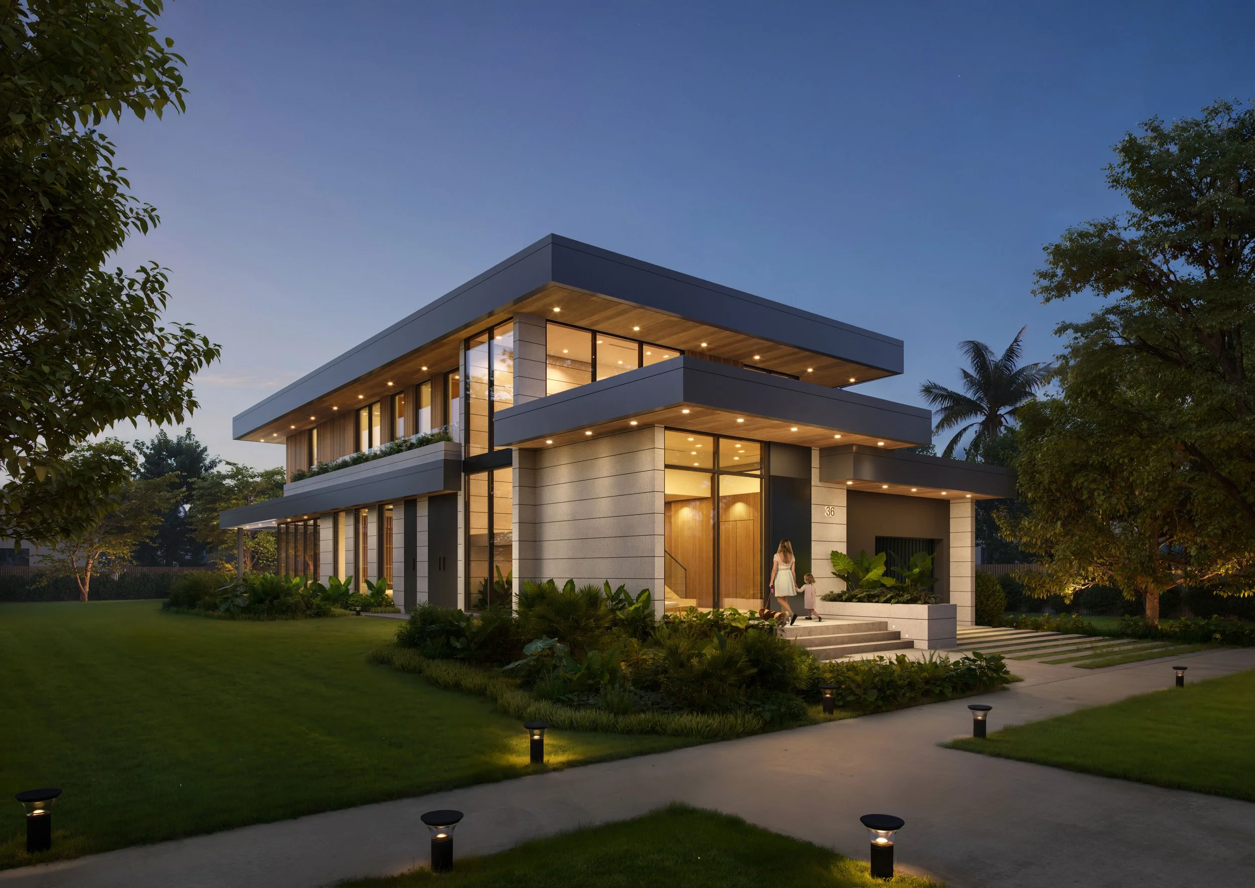 Villa Serena luxury tropical modern residence in Brickell Miami with natural stone façade and layered greenery.