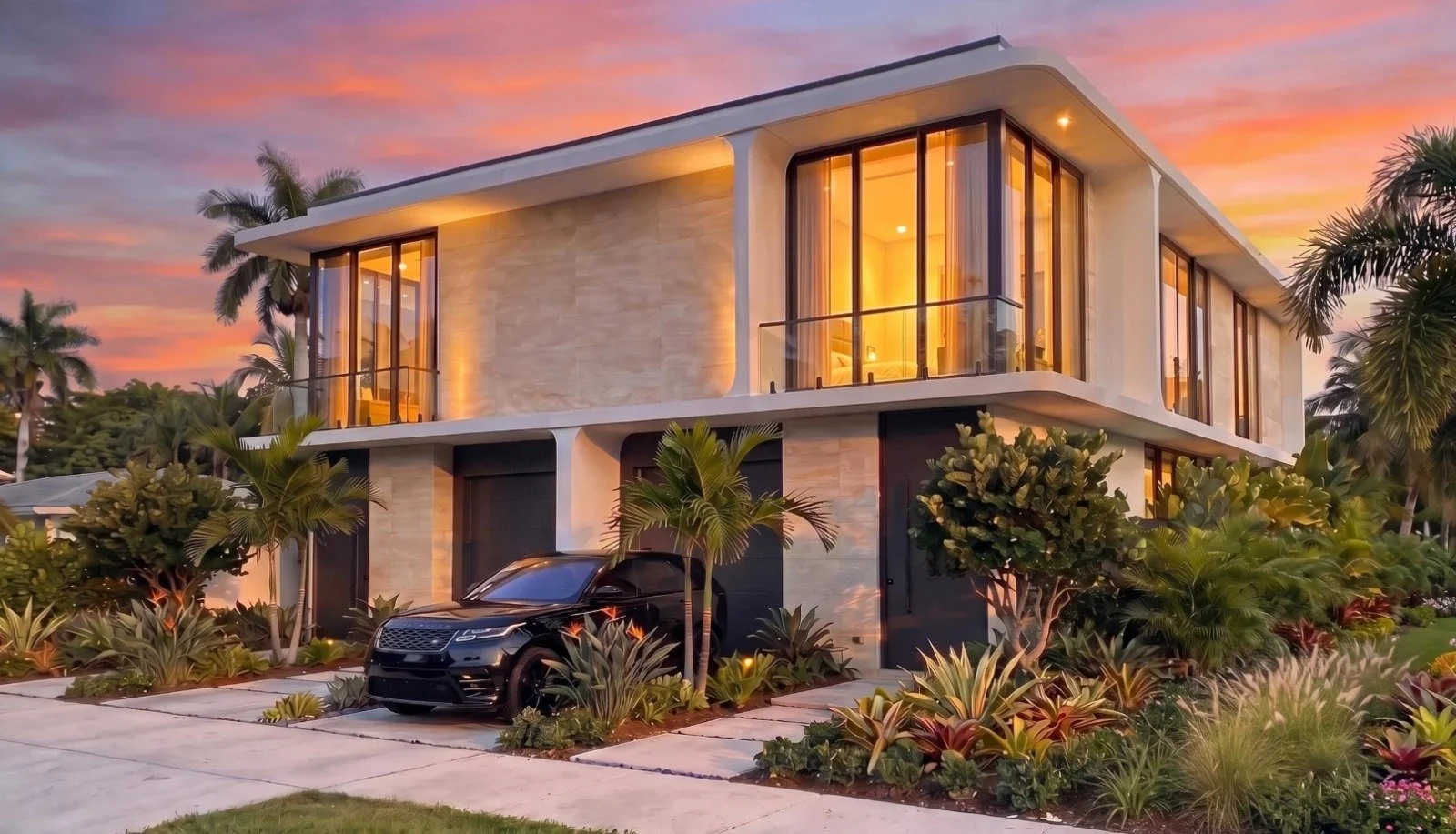 Legacy Duplex in Miami at dusk, showing the white frame, stone-clad volumes and deep roof overhang.