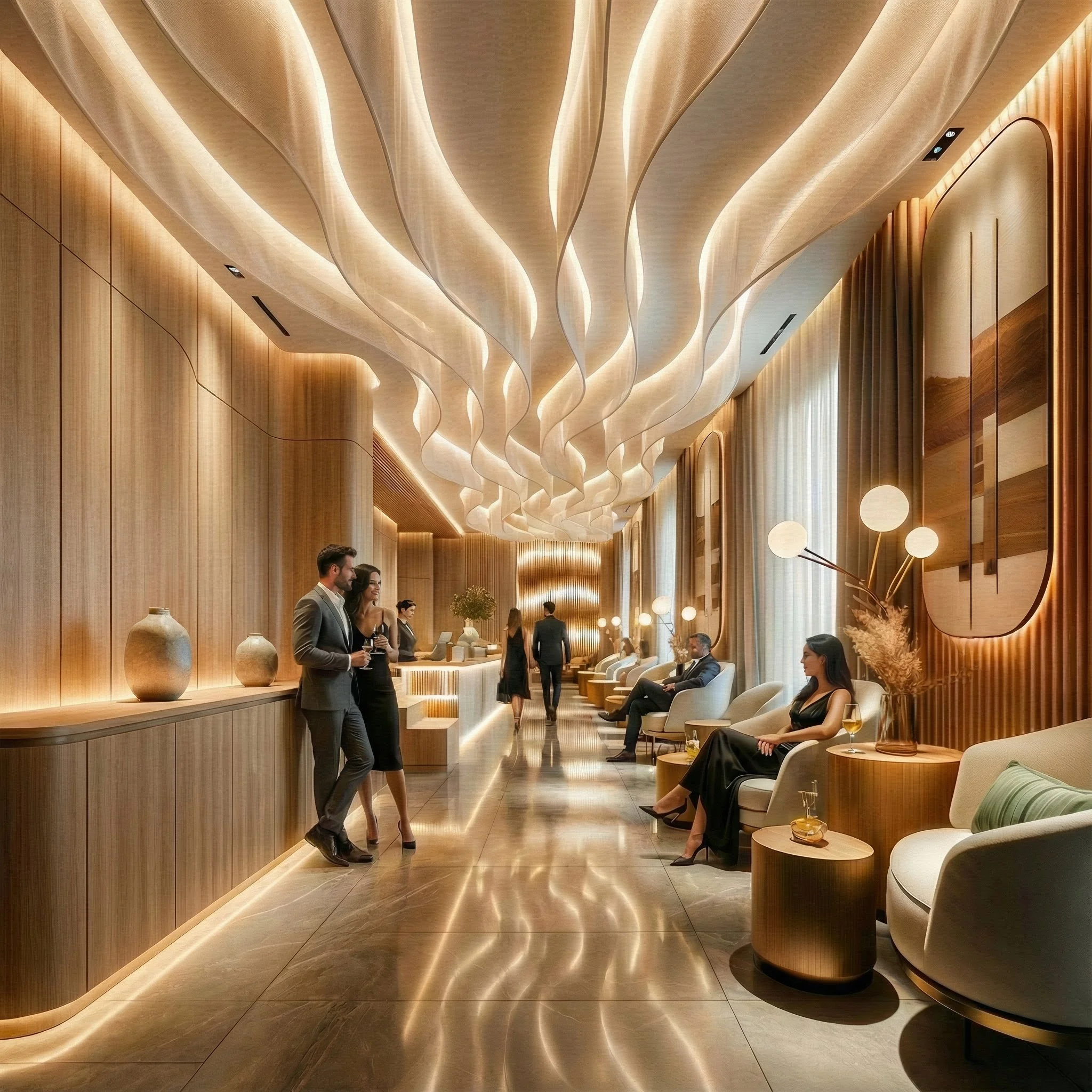 The interior concept is driven by fluidity and warmth. Soft, indirect lighting enhances rich textures and finishes, while sculptural wooden elements introduce movement and continuity throughout the space.