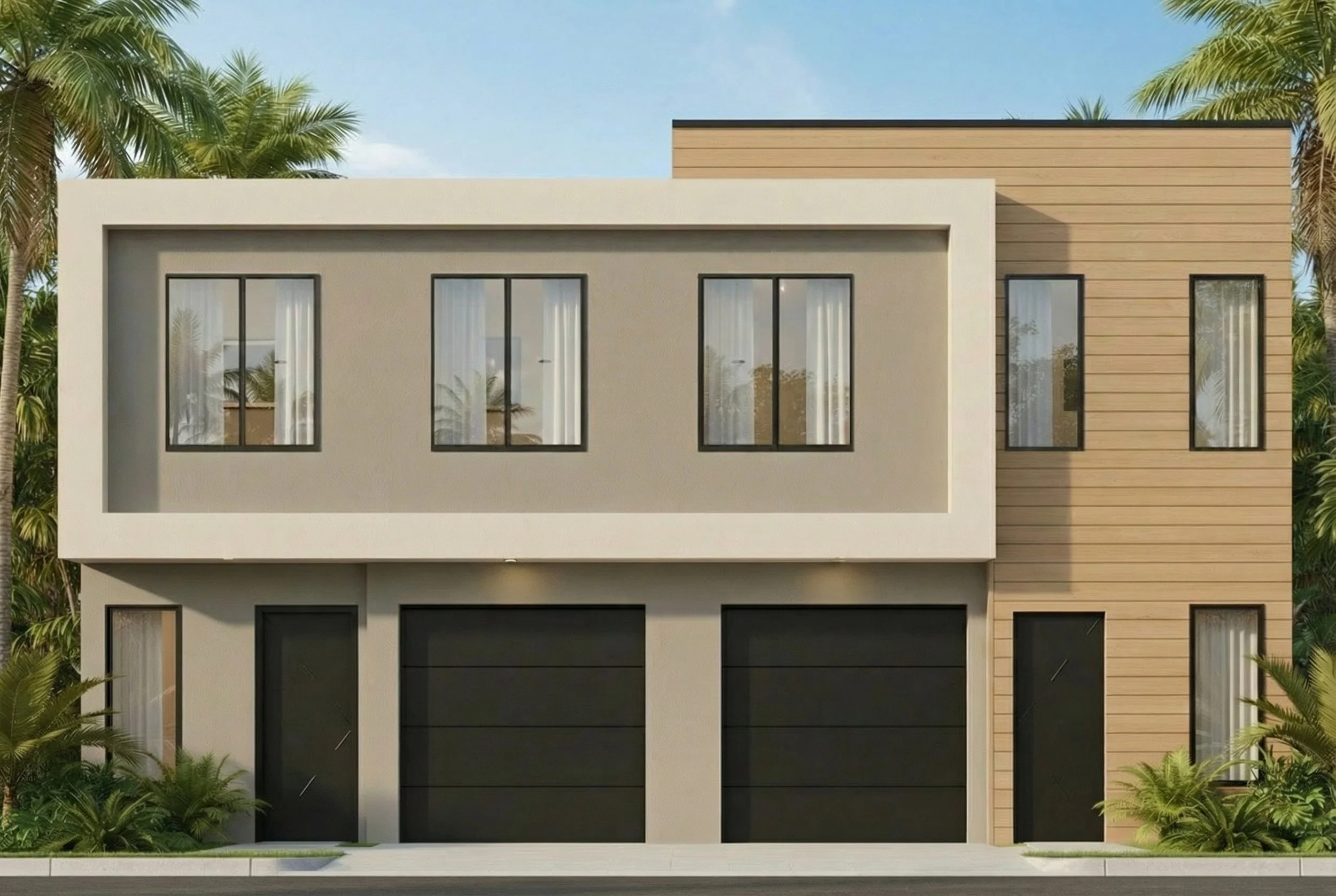The architecture balances simplicity and warmth through clean horizontal volumes, deep framing elements, natural textures, and carefully integrated tropical landscape design.