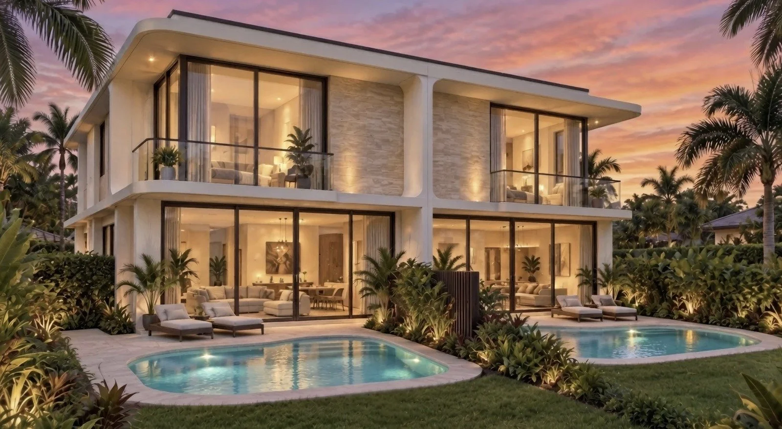 Rear of Legacy Duplex, where each unit opens onto its own terrace and pool, separated by a wood privacy screen.