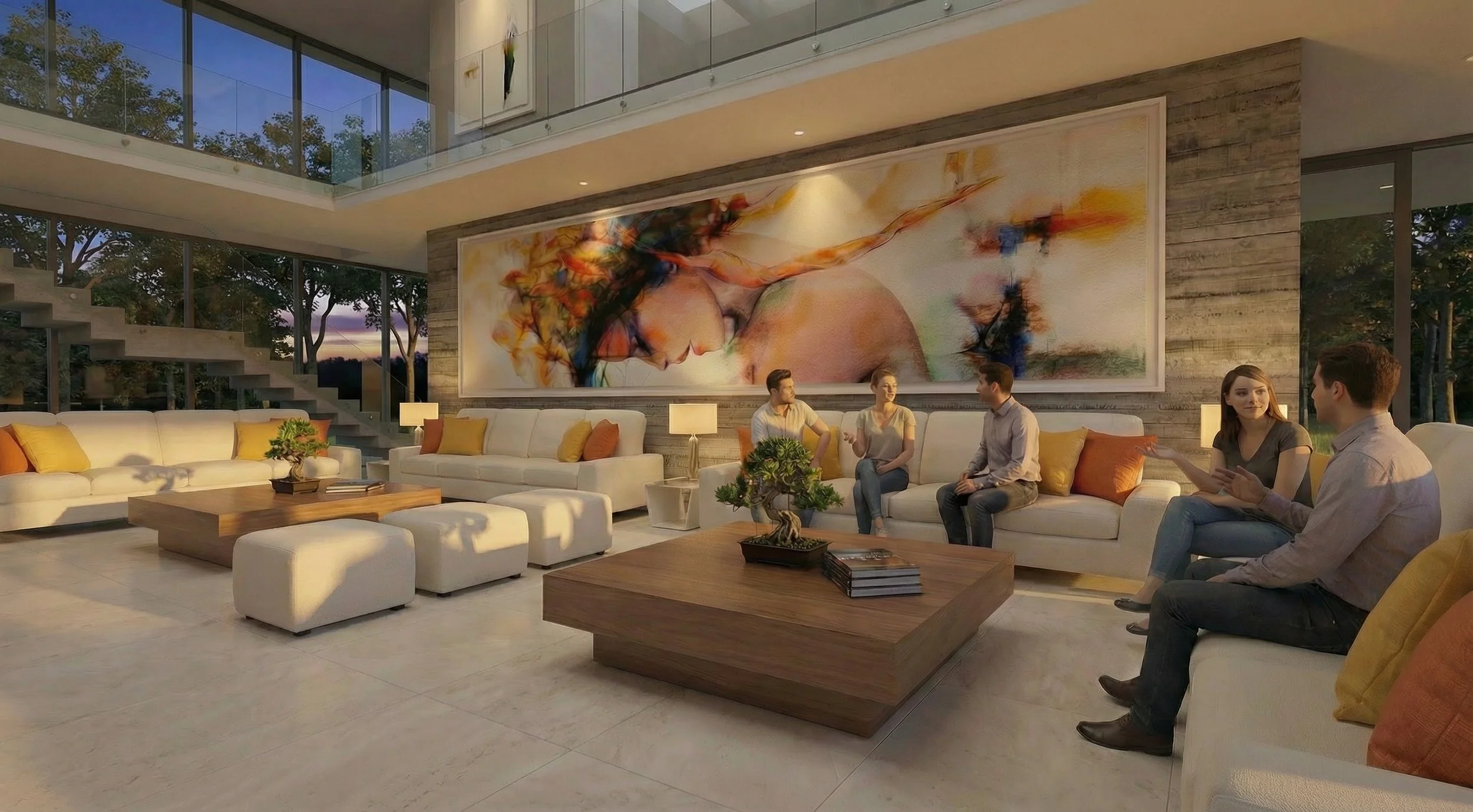 At the heart of the residence is a double-height living room, conceived as the main spatial anchor of the house.