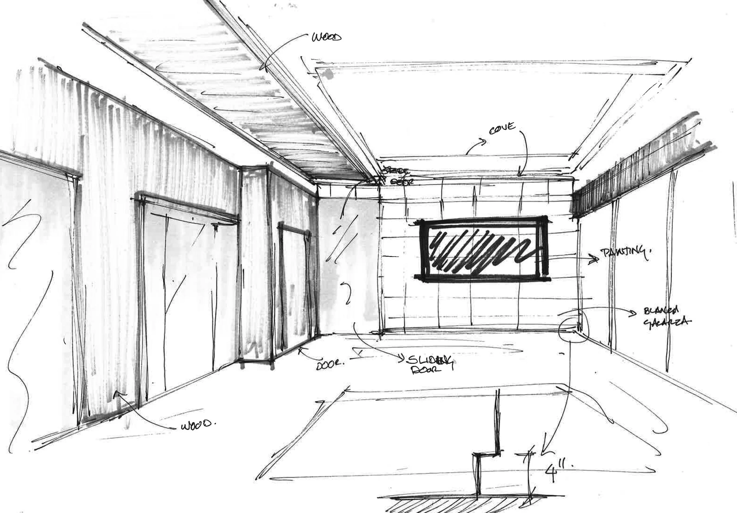 Penthouse interior design process with sketches.