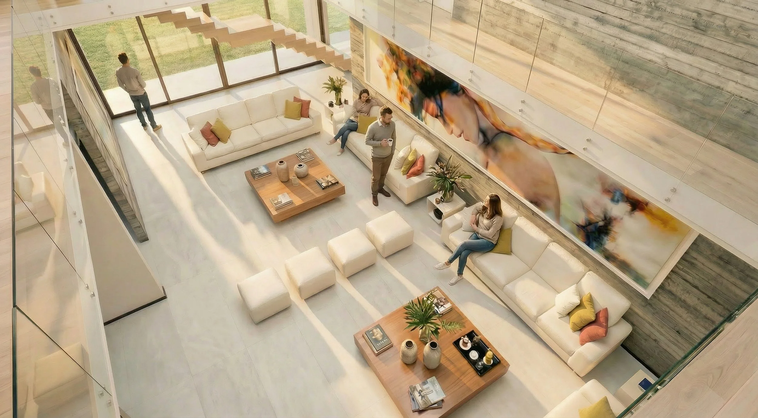 This volume establishes vertical connection between levels while allowing natural light to wash across the concrete surfaces throughout the day.