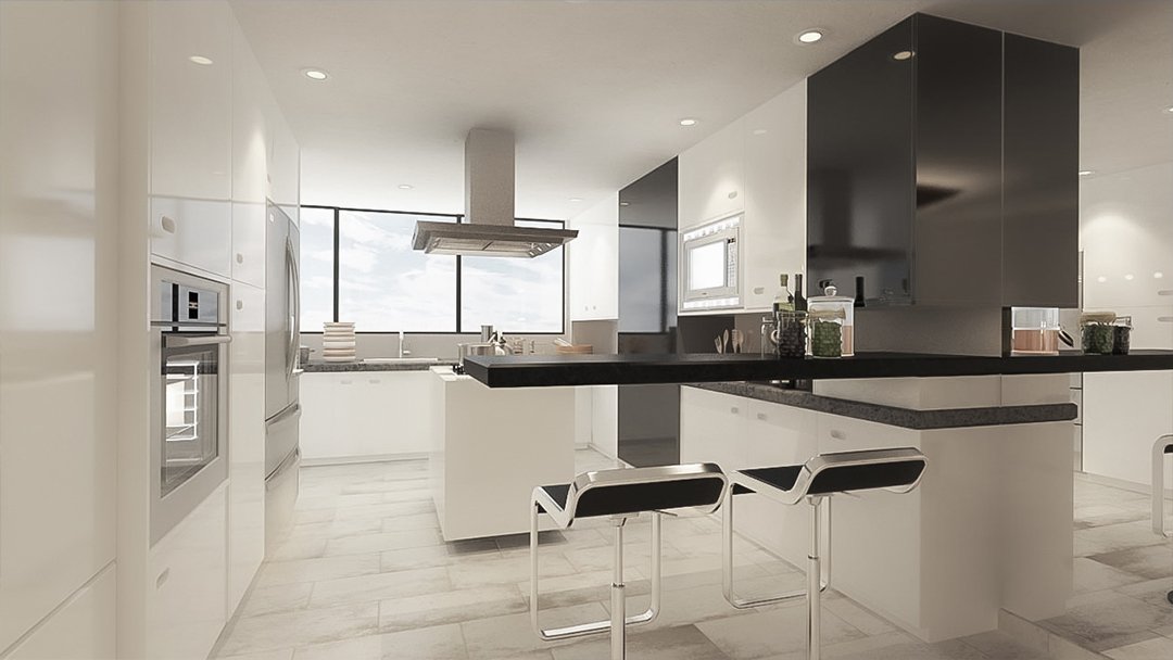 Our Miami architectural firm offered its design and build service for this interior architectural project, including a strikingly original kitchen design, that was developed with a minimalist and modern style.