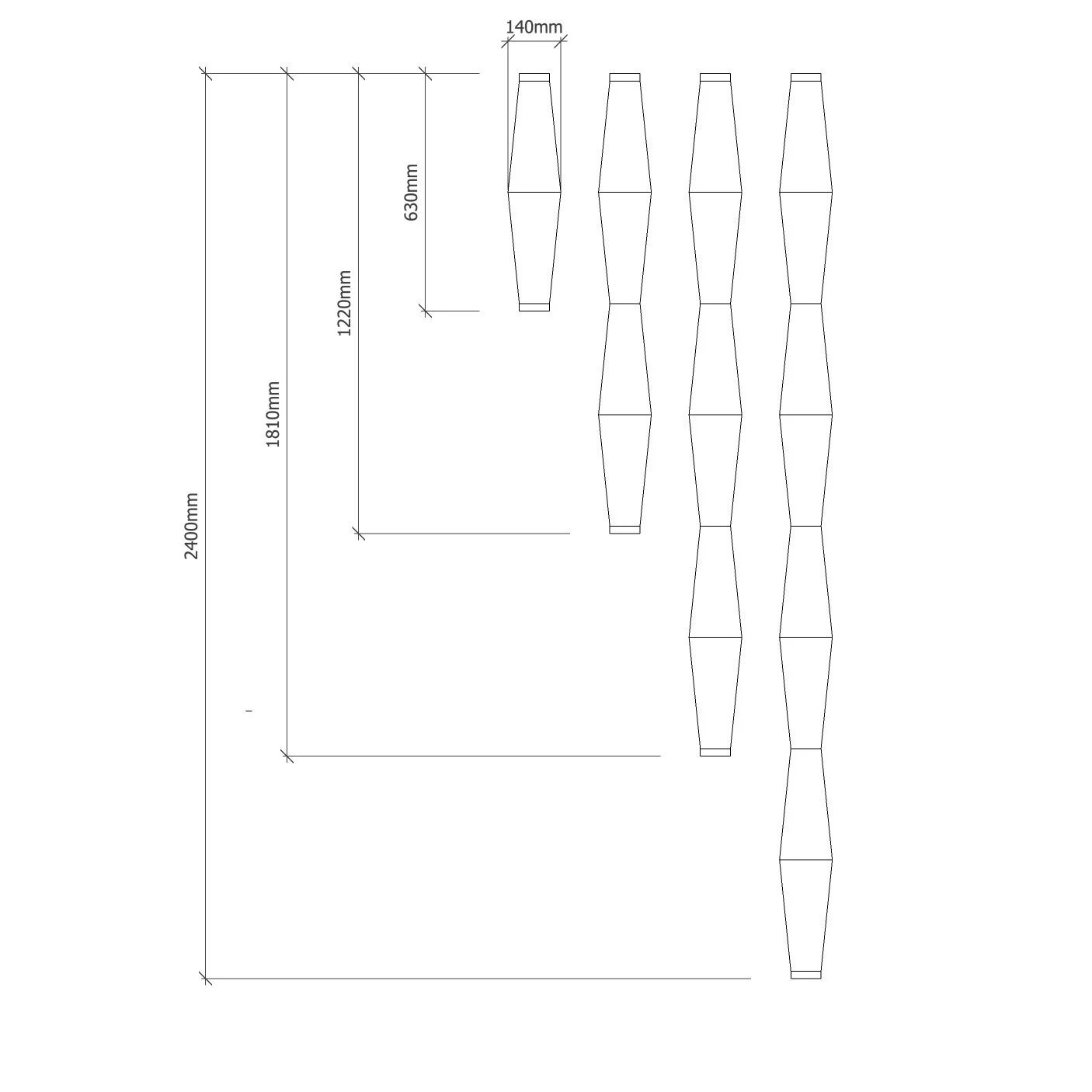 Technical drawing of a modular, geometric pendant light made of tapered sections, with dimensions marked in millimeters, including 2400mm height, 1810mm width, and smaller segments measuring 1220mm, 630mm, and 140mm.