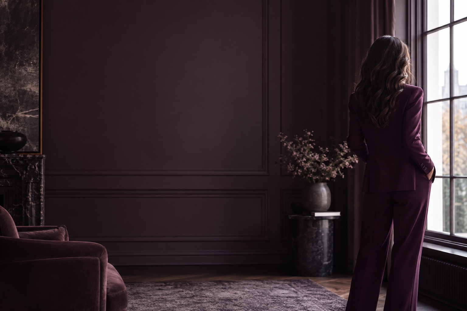 Woman in a burgundy suit standing thoughtfully by a window in a dark, elegant room
