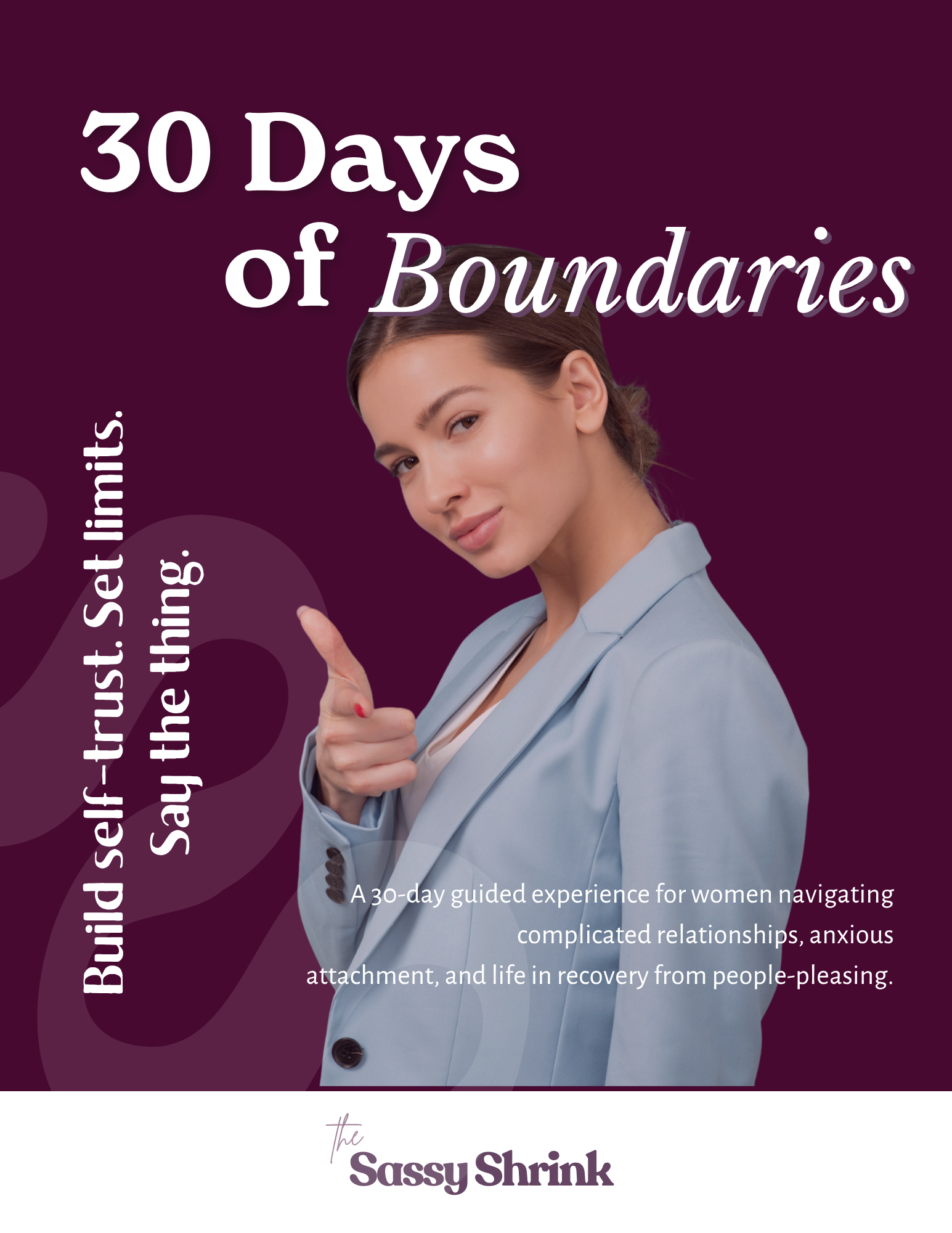 Woman pointing at viewer with head tilted, smirking