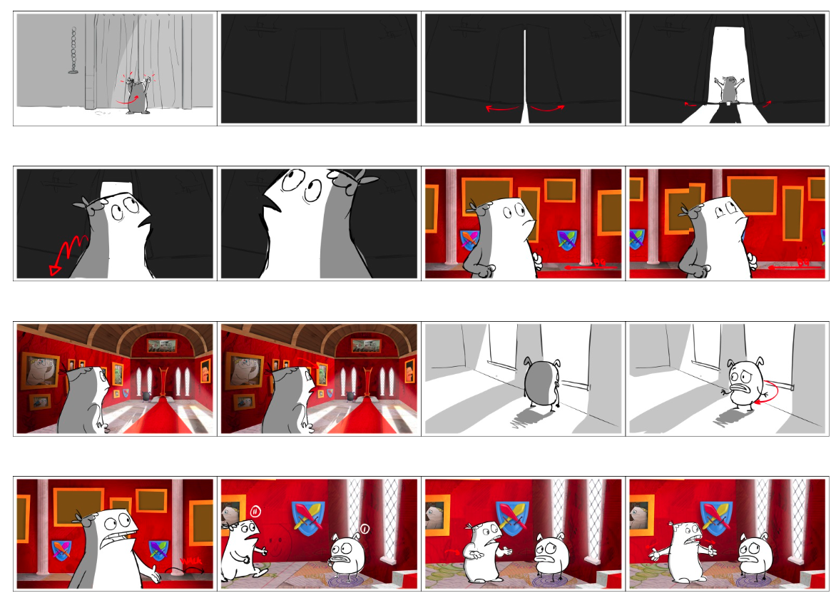 An animated character from Andrea Rania performs a series of actions on stage and in a gallery, including walking through a curtain, looking surprised, observing artwork, and interacting with a mouse in a gallery.
