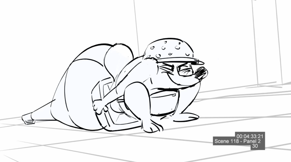 A black and white sketch of a cartoon character dog , wearing a helmet and glasses, with a backpack and suitcase, crouching on the ground with an annoyed expression. Andrea Rania animation director
