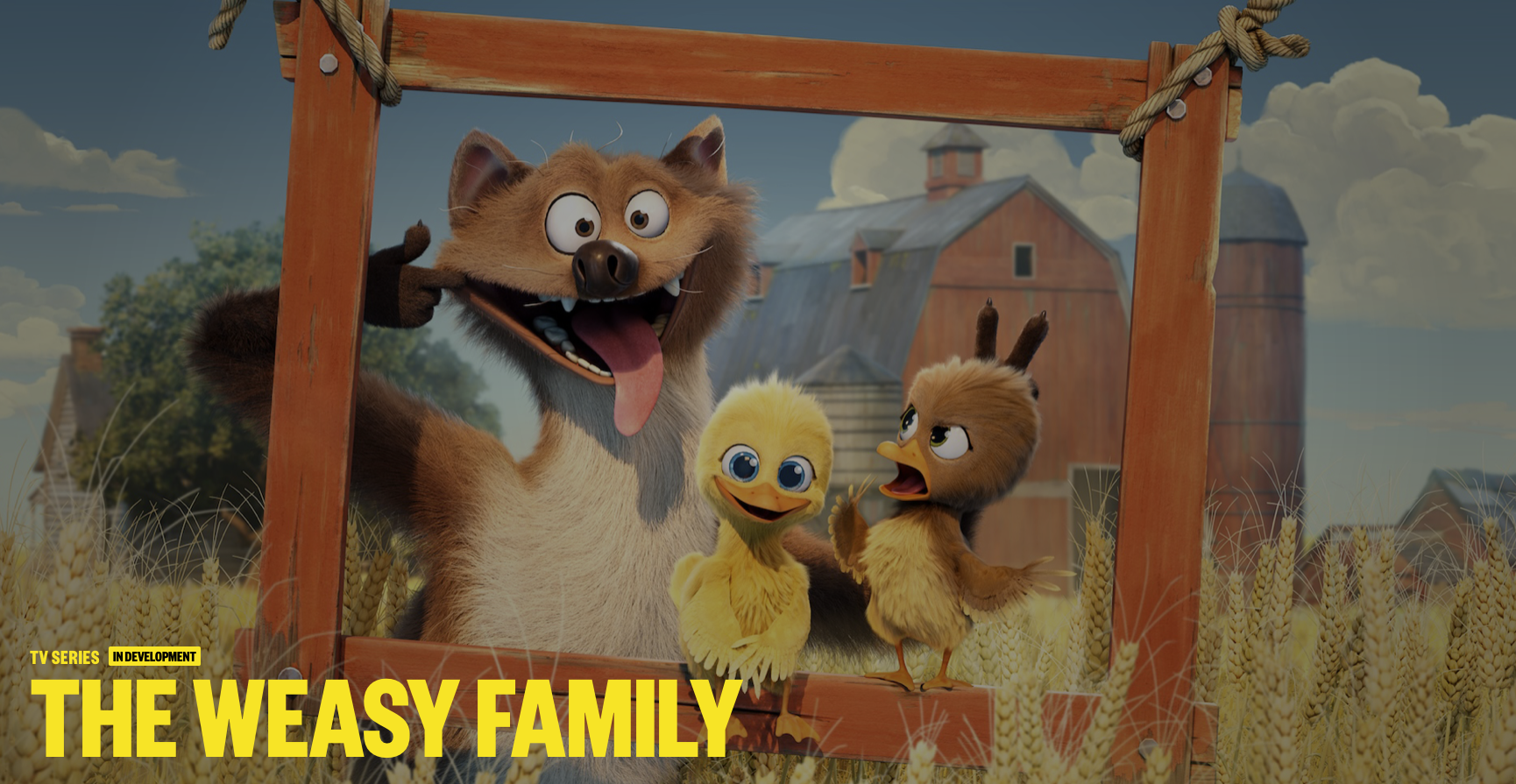 Animated scene with a dog, a duck, and a bird inside a barn window frame overlooking a farm with wheat fields. The dog is making a silly face with tongue out and finger on cheek.Andrea Rania animation director